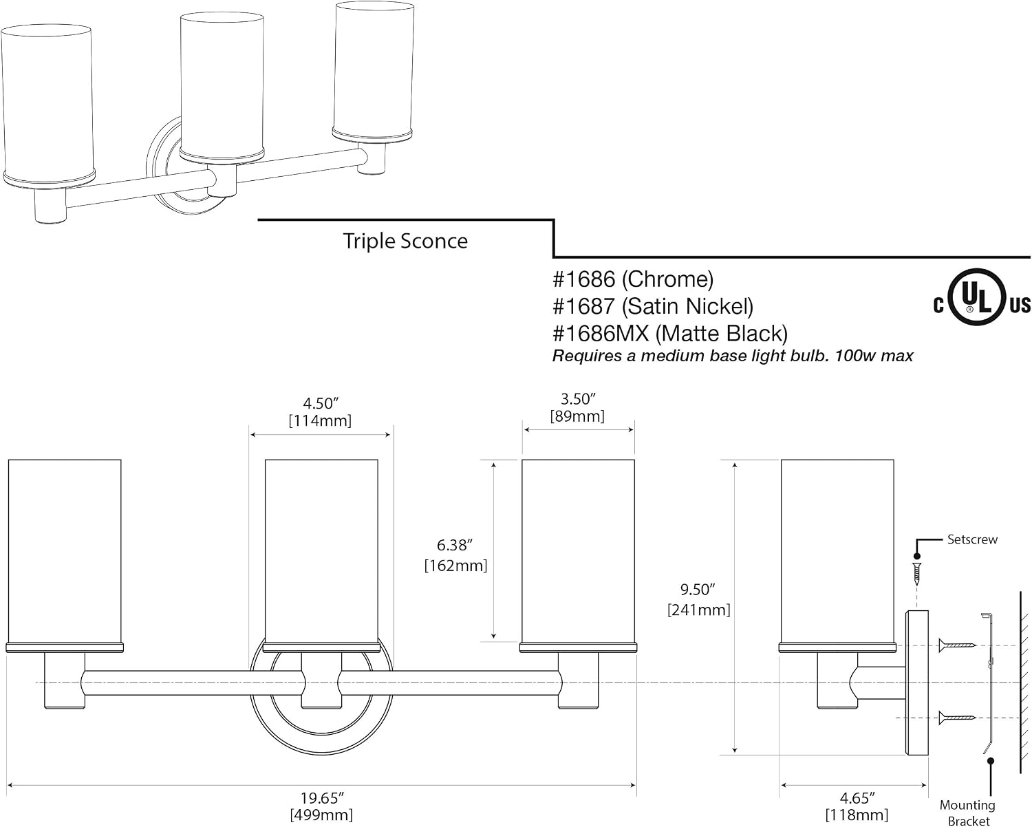 Gatco 1686 Latitude II 3-Light Bathroom Vanity Light Fixture, Wall Mounted, 19.65-Inch W x 9.5-Inch H, Chrome, Frosted Glass Shades, Triple Sconce