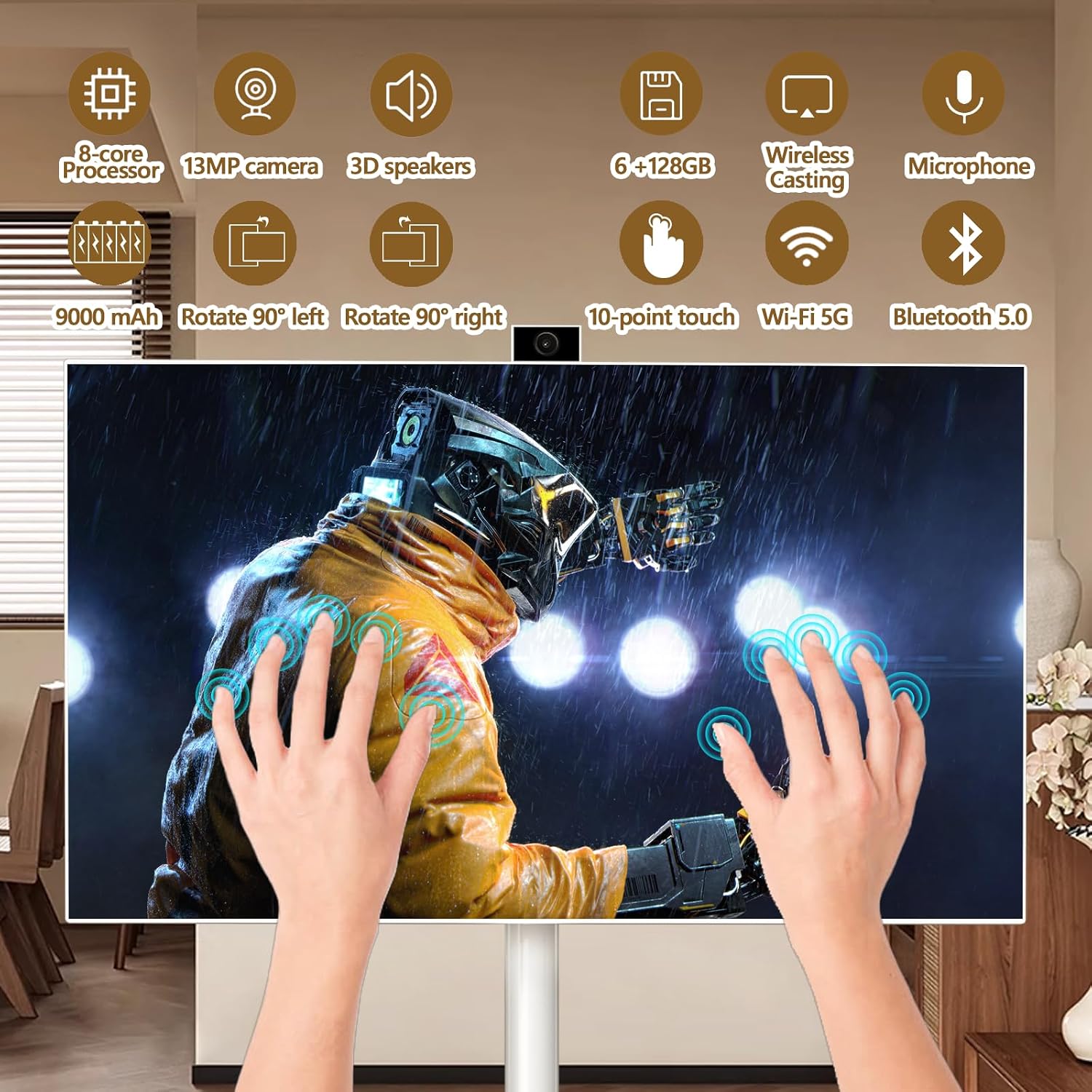 27' FHD Smart Portable TV, Rolling TV on Wheels, Android 15 OS, 6G +128GB Storage, Portable Touch Screen Monitor, 13MP Camera, Built-in Battery, 60Hz Refresh Rate, Full Swivel Rotation, Voice Remote