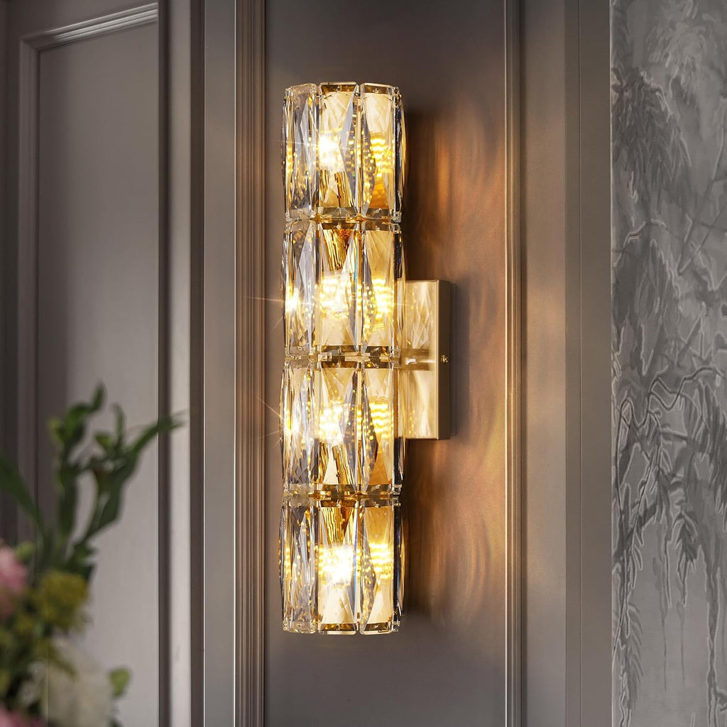 Crystal Wall Sconces Lighting, Modern Gold Wall Light Fixture, Elegant Vanity Wall Lighting Mount for Living Room Bedroom Bathroom Crystal Vanity Light Fixture for Indoor Hallway Doorway Stairway