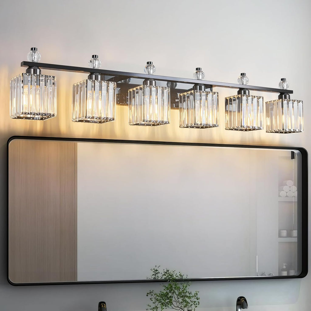 Vanity Lights 6-Light Modern Crystal Vanity Light Plating Black Bathroom Light Fixtures Over Mirror Crystal Bathroom Vanity Lighting Fixtures