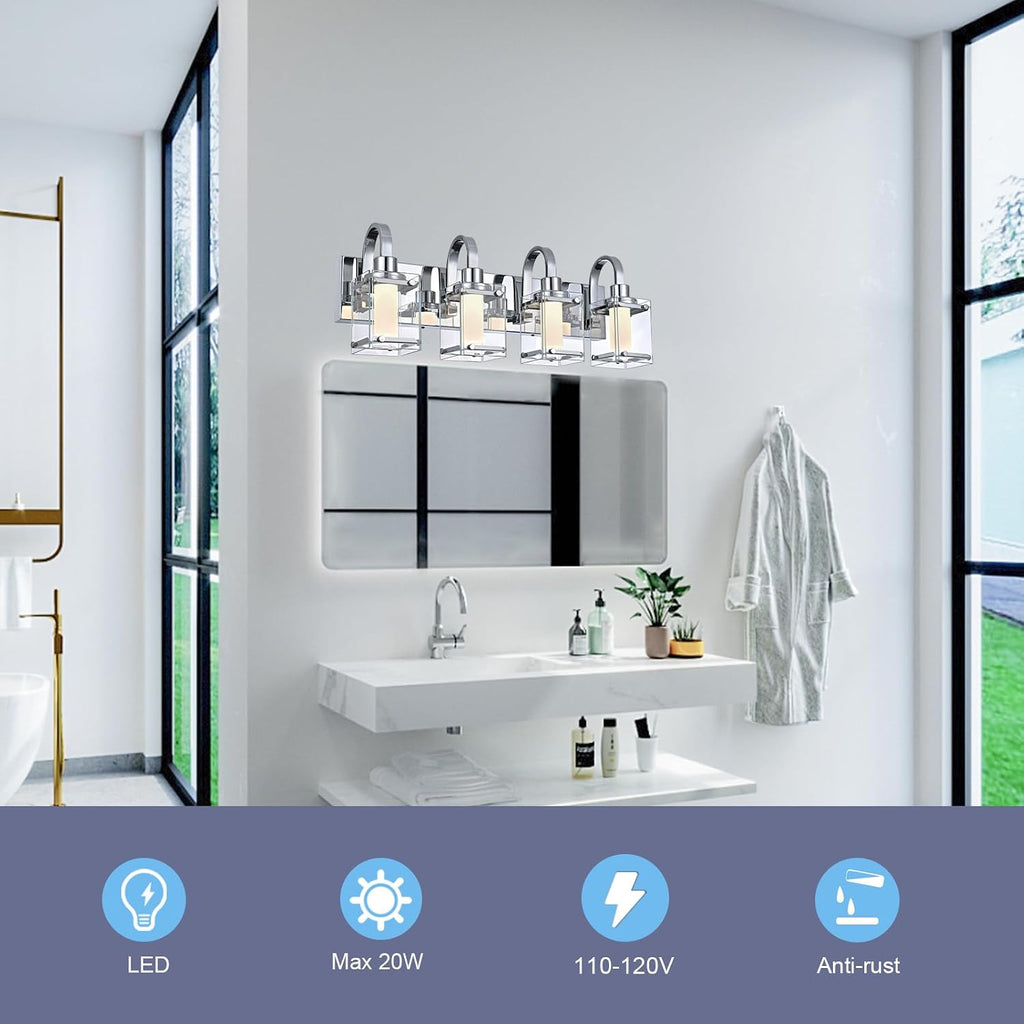 4-Light Chrome Vanity Light Fixtures, Modern LED Bathroom Wall Lights for Dressing Room, Integrated LED Chips with Frosted Column & Clear Square Glass Shades, Energy Saving Wall Sconce