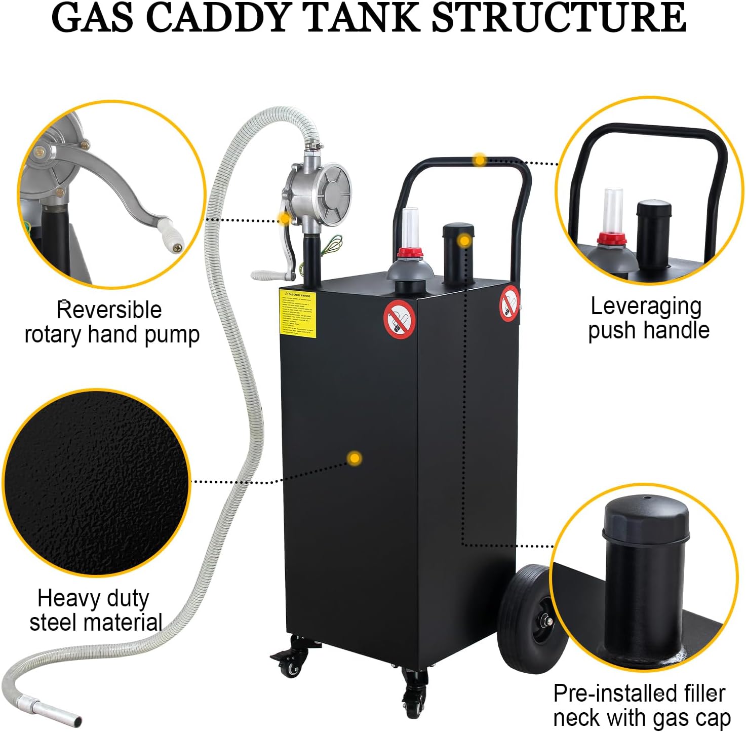 30 Gallon Gas Caddy with Pump, Portable Gas Tank on 4 Wheels, Manual Transfer Pump for Gasoline & Diesel, Large Fuel Storage Tank for Cars, Lawn Mowers, ATVs, Boats