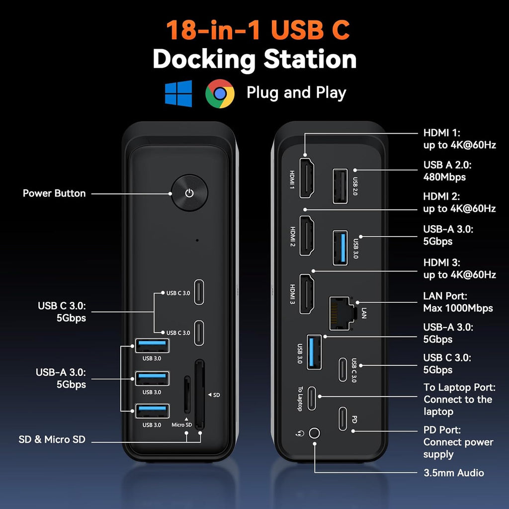 TobenONE 18 in 1 Laptop Docking Station 3 Monitors, Triple 4K Display with 3 HDMI, 9 USB Ports, Gigabit Ethernet, PD3.0, for Windows/Dell/Lenovo/HP/Thinkpad Laptops (No Power Adapter)