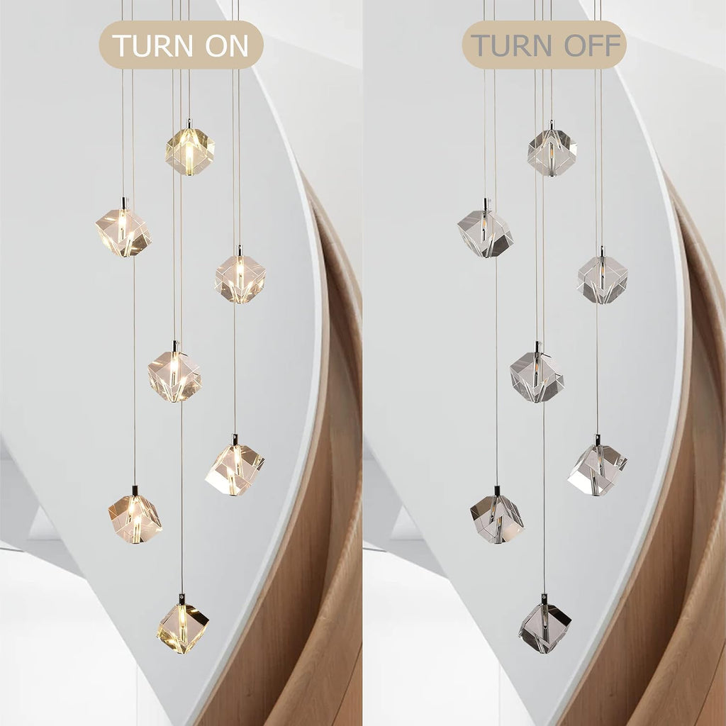 Cube Crystal Pendant Light, Cut Crystal Drops Hanging Ceiling Chandelier, Modern Raindrop Pendants Chrome Light Fixture for Kitchen Island Dining Room, 21W