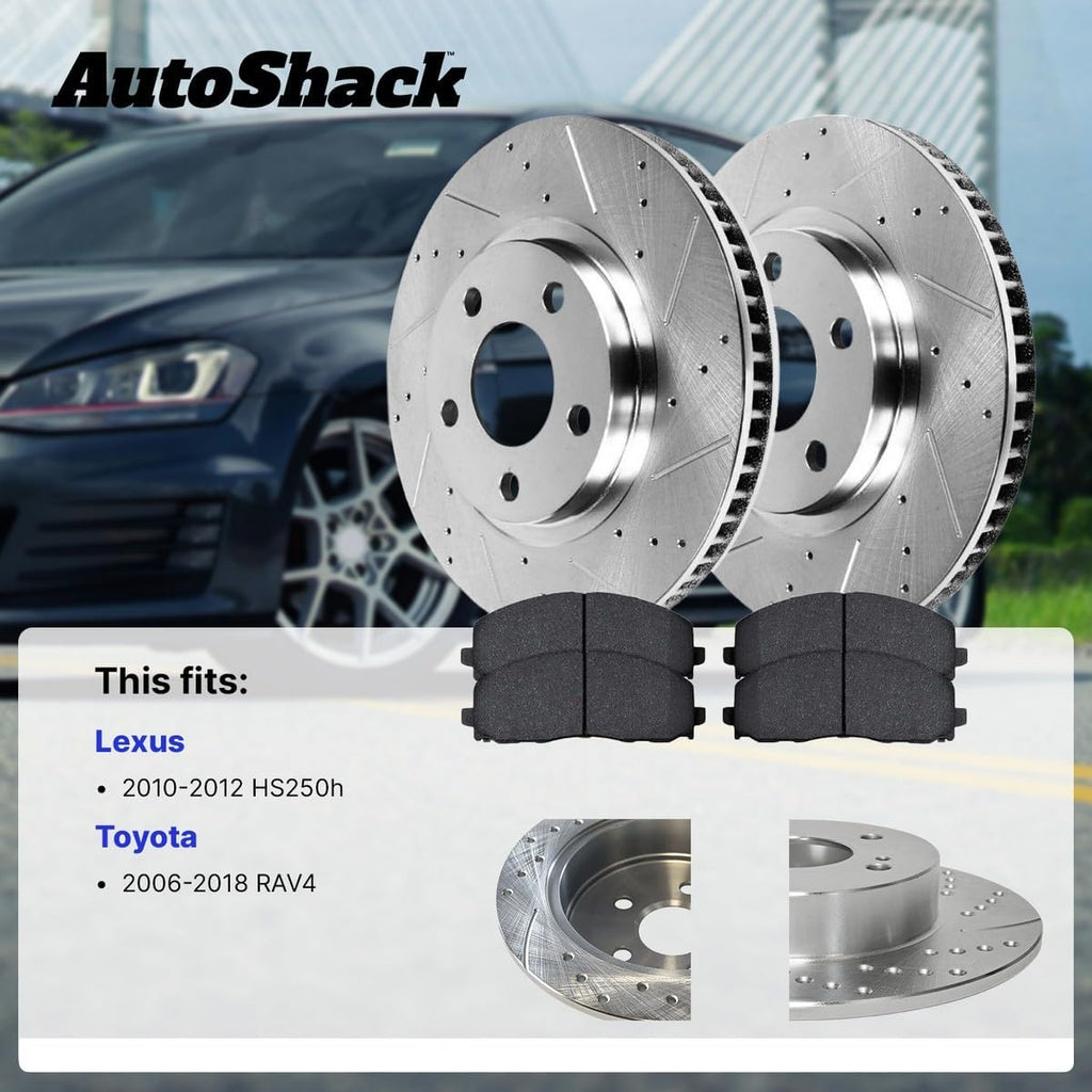 AutoShack Front & Rear Brake Rotors & Premium Pads for Toyota & Lexus, RAV4 2006-2008 HS250h 2010-2012, FWD 4WD L4 2.4L - Silver Zinc Coated Drilled & Slotted - SilverShield Pro