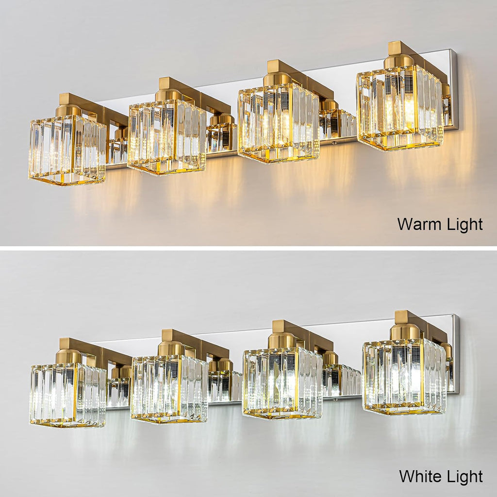 Crystal Bathroom Vanity Light Gold Chrome 4-Light Modern Chrome Vanity Light for Bathroom Square Wall Sconce
