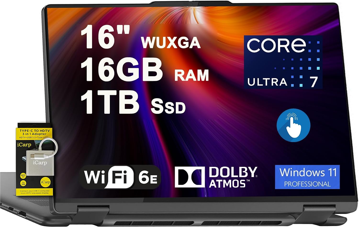 Lenovo Yoga 7 16 2-in-1 Laptop 16' WUXGA IPS Glossy Touch Intel 12-core Ultra 7 155U 16GB DDR5 1TB SSD Backlit Fingerprint for Creator Designer Business Professional Win11Pro ICP Hub