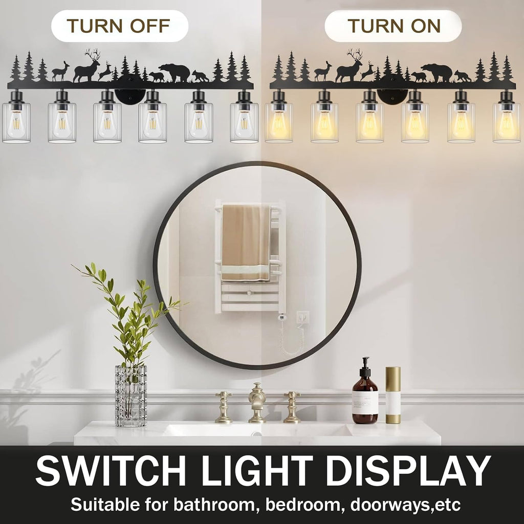 Rustic Bathroom Light Fixtures, 6-Light Farmhouse Vanity Lamp with Deer and Bear Design, Black Wall Lighting with Clear Glass Shade for Bathroom, Hallway, Kitchen, Porch