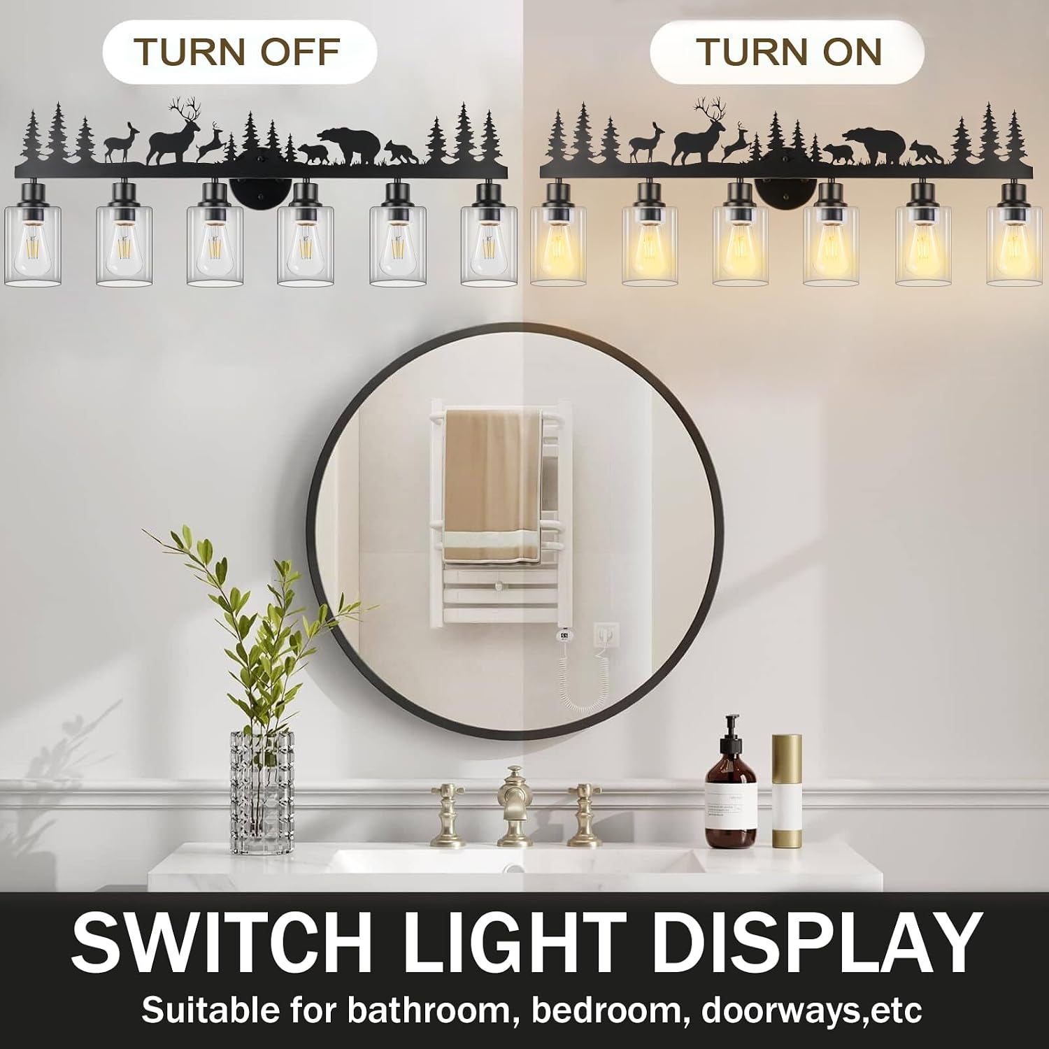 Rustic Bathroom Light Fixtures, 6-Light Farmhouse Vanity Lamp with Deer and Bear Design, Black Wall Lighting with Clear Glass Shade for Bathroom, Hallway, Kitchen, Porch