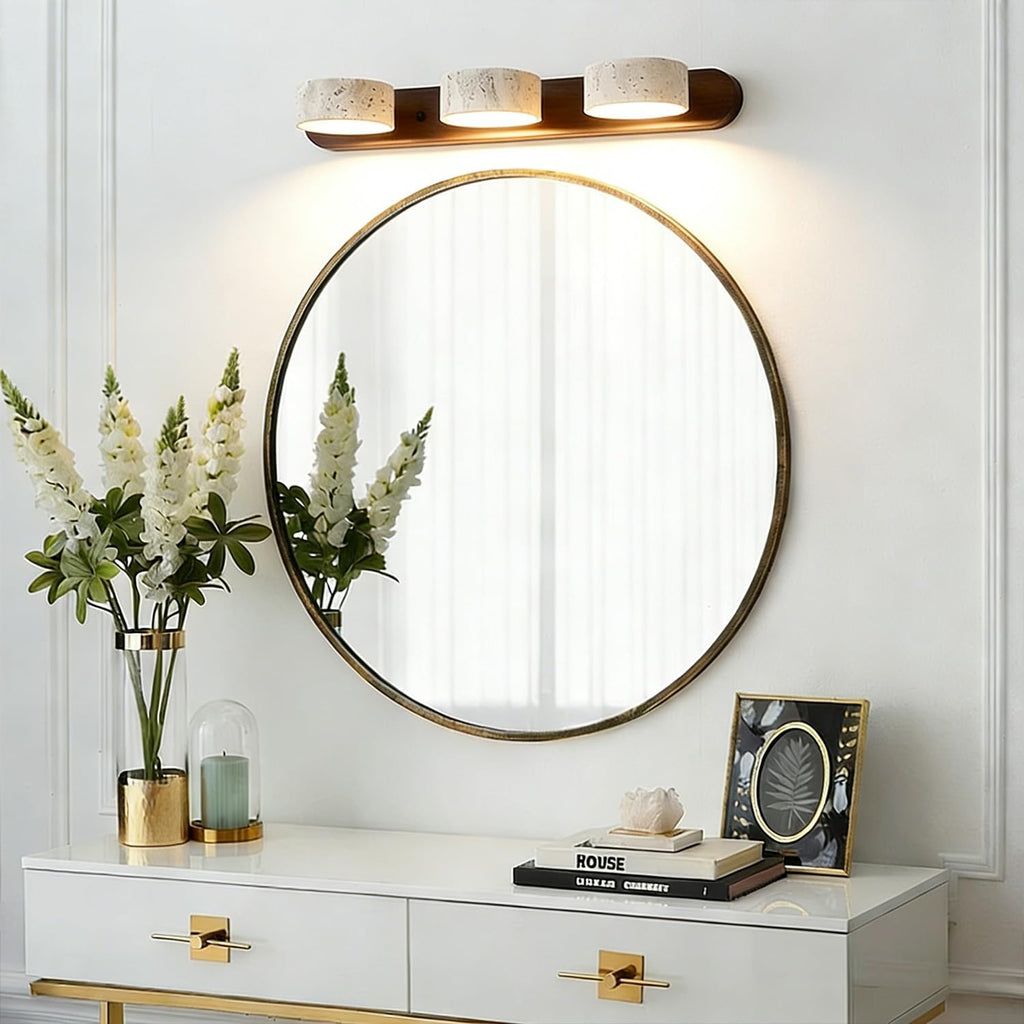 LED Natural Stone Vanity Light with 3 Travertine Stone Shades, Bathroom Vanity Light Fixture, 360° Rotatable Stone Lampshades, Modern Rustic Wall Lamp for Bedroom, Living Room, Hallway (Walnut Wood)