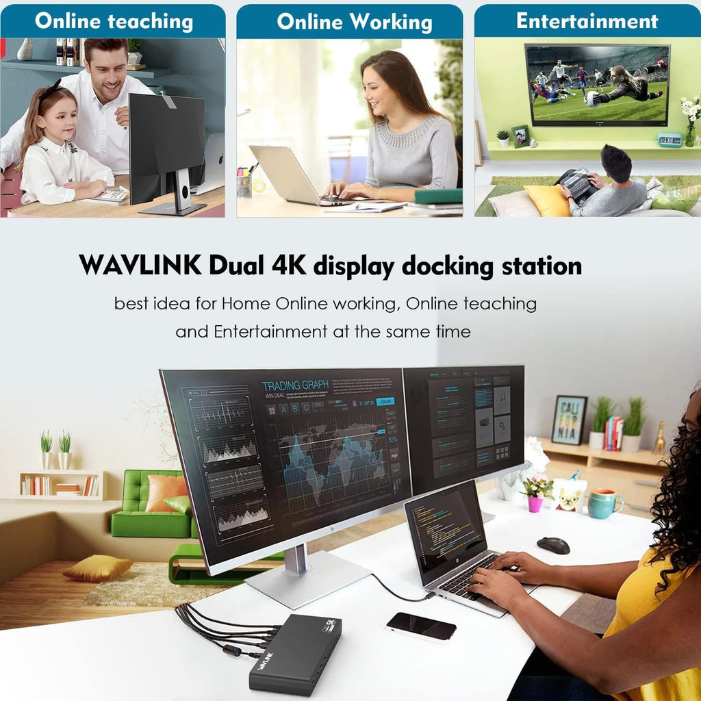 WAVLINK USB C Universal Laptop Docking Station, Dual 4K@60Hz Display & 5K Single Video Display for Laptop and PCs (2x4K@60Hz HDMI, 2x 4K@60Hz Display Port, Gigabit Ethernet, 6 USB 3.0, Audio)