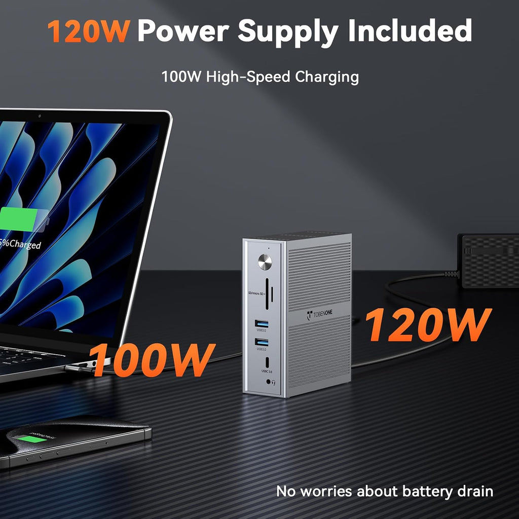 TobenONE USB C Docking Station for 3 Monitors 4K, Triple Monitor DisplayLink Dock with 120W Power Adapter, for MacBook M1-M5/Mac mini/Windows/Chrome, 3x HDMI, 5x USB, Gigabit Ethernet, Driver Required