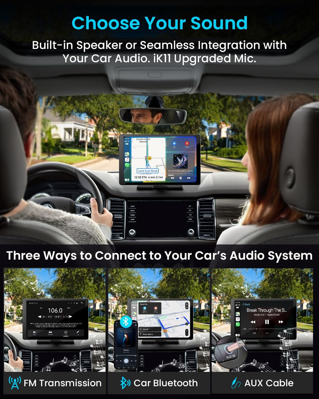 11' Extra Large Wireless Apple CarPlay Screen for Car – Ultra-Slim 0.16 Inch Touchscreen Car Stereo with Android Auto, 4K Dash Cam, 1080p Backup Camera, GPS, Mirror Link, Voice Control