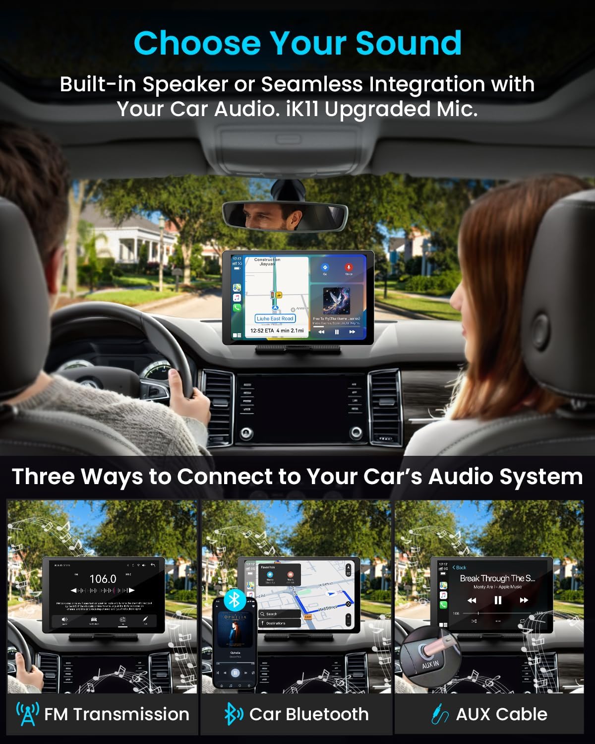 11' Extra Large Wireless Apple CarPlay Screen for Car – Ultra-Slim 0.16 Inch Touchscreen Car Stereo with Android Auto, 4K Dash Cam, 1080p Backup Camera, GPS, Mirror Link, Voice Control