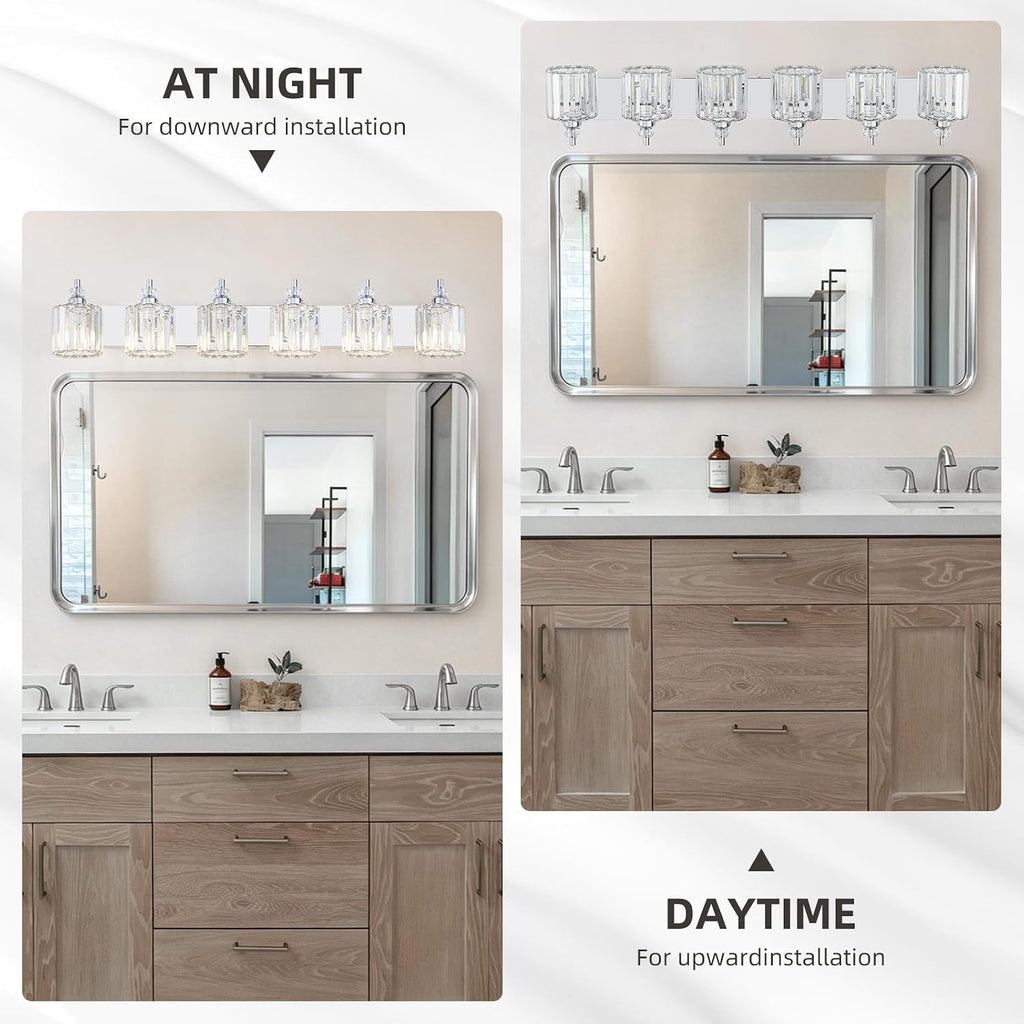 6-Light Modern Bathroom Light Fixture Chrome Bathroom Vanity Lights Over Mirror Wall Sconce Lighting with K9 Crystal Shades E26 Base for Bedroom, Living Room, Hallway Wall Lamp