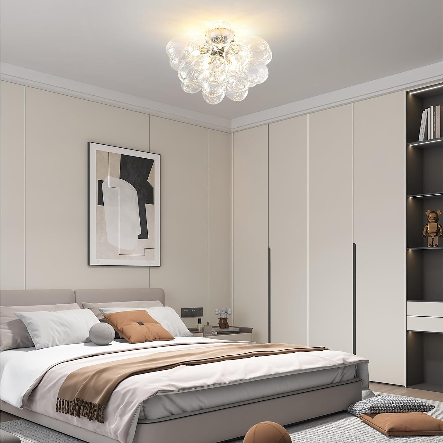 8-Light Chrome Flush Mount Ceiling Light, 16' Glass Bubble Ball Chandelier with 21 Clear Balls, Modern Globe Dining Room Light Fixture for Bedroom, Living Room, Hallway, Entry, Bathroom