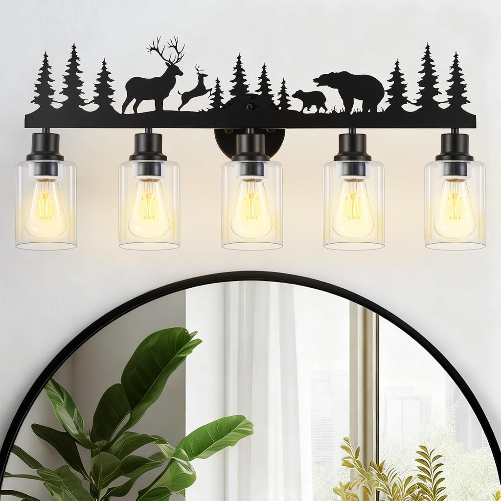 Rustic Bathroom Light Fixtures, 5-Light Farmhouse Vanity Lamp with Deer and Bear Design, Black Wall Lighting with Clear Glass Shade for Bathroom, Hallway, Kitchen, Porch
