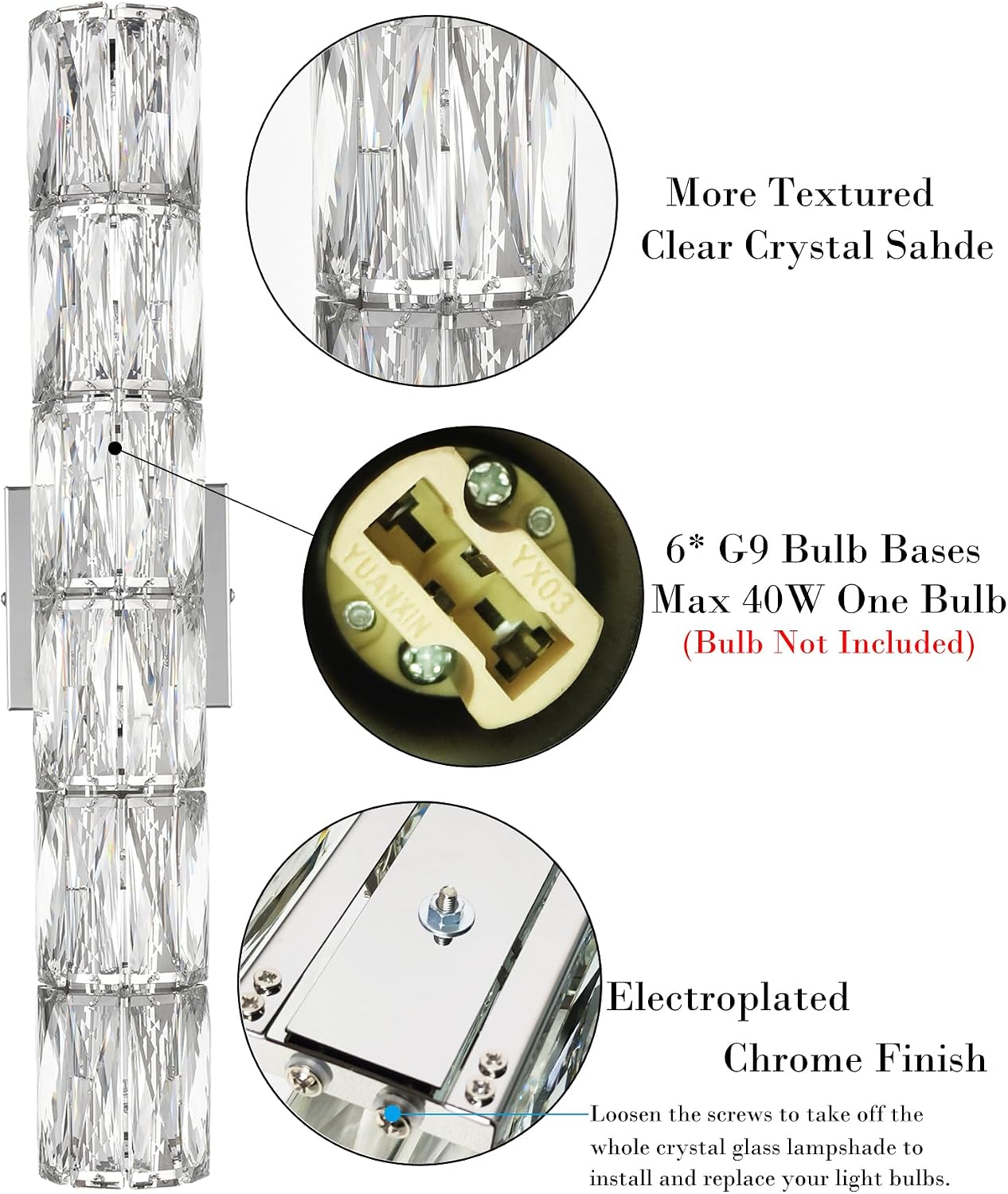 SAMTEEN Chrome Crystal Wall Sconce Contemporary 6-Light Crystal Sconces Wall Lighting Modern Nickel Wall Sconce Clear Glass Wall Light Fixture for Bathroom Living Room Bedroom Hallway