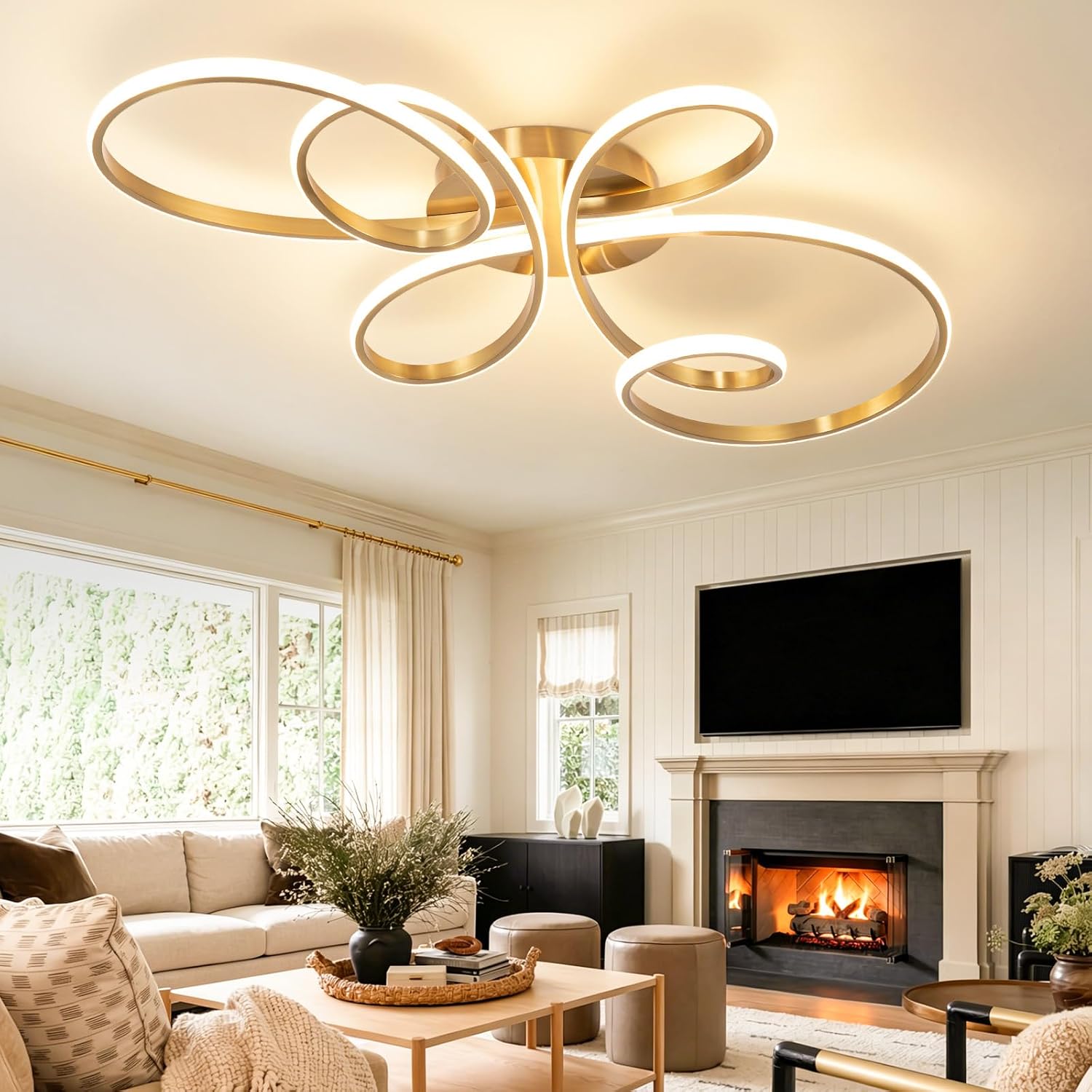 20inch Modern LED Ceiling Light, 5 Rings Flower Black Dimmable Ceiling Lamp for Living Room, Bedroom, Dining Room, Kitchen (Gold,39.37Inch)