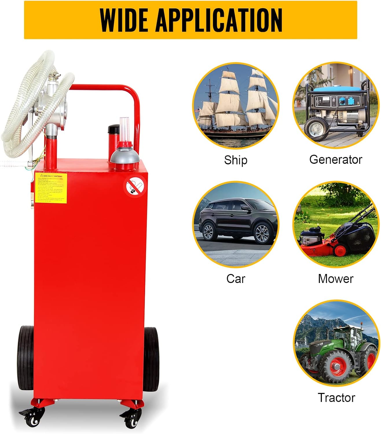 Gas Caddy 30 Gallon, Portable Fuel Storage Tank with 4 Wheels, Gasoline Diesel Can with Pump Rolling and Solid Rubber Wheels for Cars Lawnmowers ATVs Boats Motorcycles Red