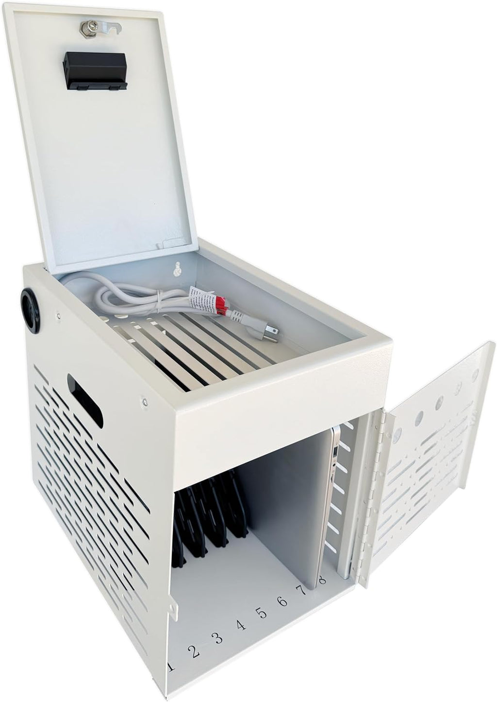 8-Device Tablet & Laptop Charging Station, Lockable Steel Charging Cabinet for Chromebooks, iPads & Devices Up to 14', Multi-Device Storage Organizer for Classroom, Office & Library, White