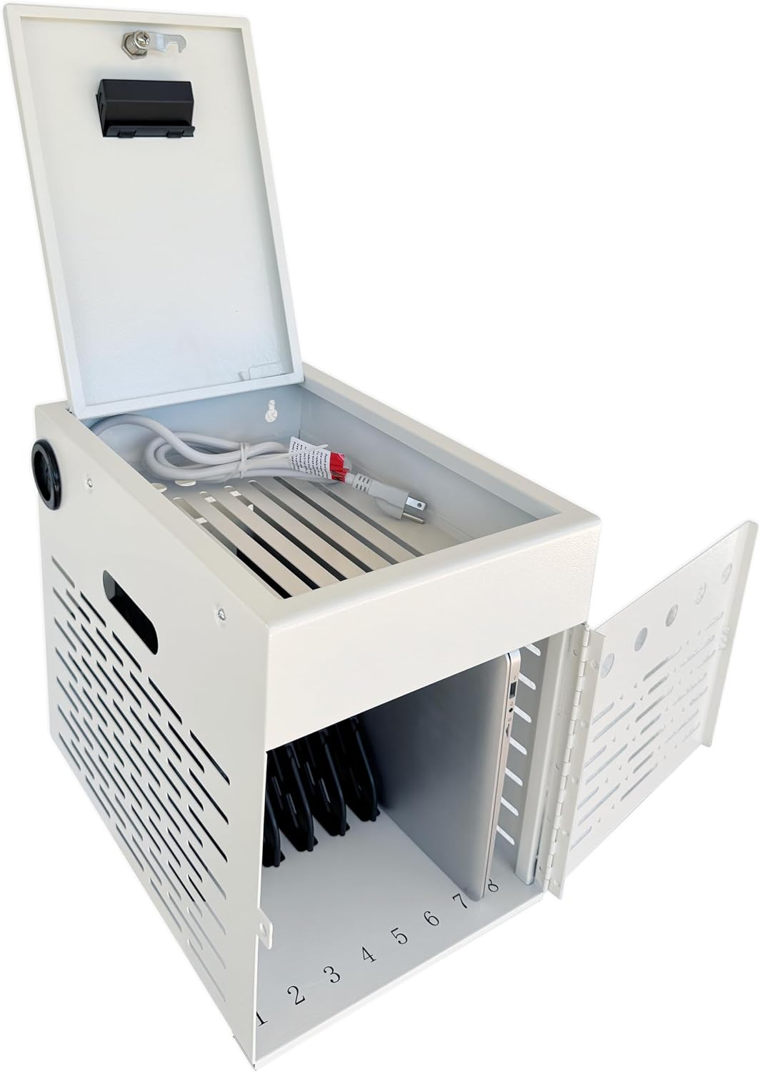 8-Device Tablet & Laptop Charging Station, Lockable Steel Charging Cabinet for Chromebooks, iPads & Devices Up to 14', Multi-Device Storage Organizer for Classroom, Office & Library, White