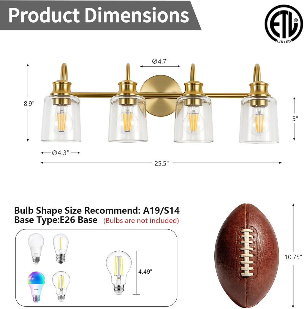4 Lights Bathroom Light Fixtures Modern Gold Vanity Lights for Bathroom Lighting Fixtures Over Mirror with Clear Glass Shade for Cabinet Mirror Bedroom Hallway