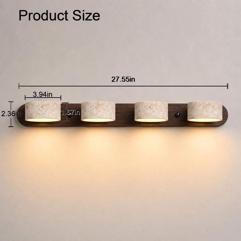 LED Bathroom Vanity Light, Travertine Stone Light Fixture, 360° Rotatable Stone Lampshades, Modern Rustic Wall Lamp for Bedroom, Living Room, Hallway (Walnut Wood-4 Lights)