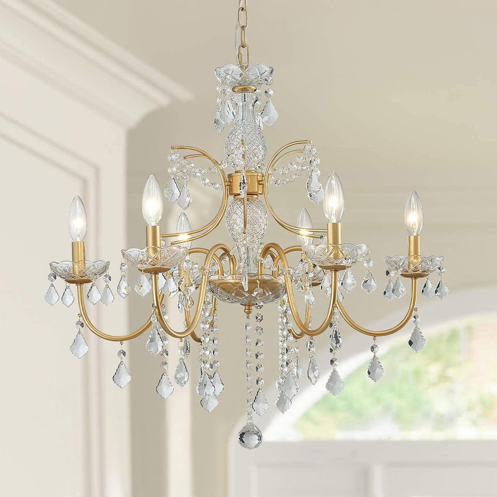 Bestier Gold Finish Elegent Crystal Candle Candelabra Chandelier 6 Light Lighting Fixture LED Pendant Ceiling Light Dia 26 in x H 26 in