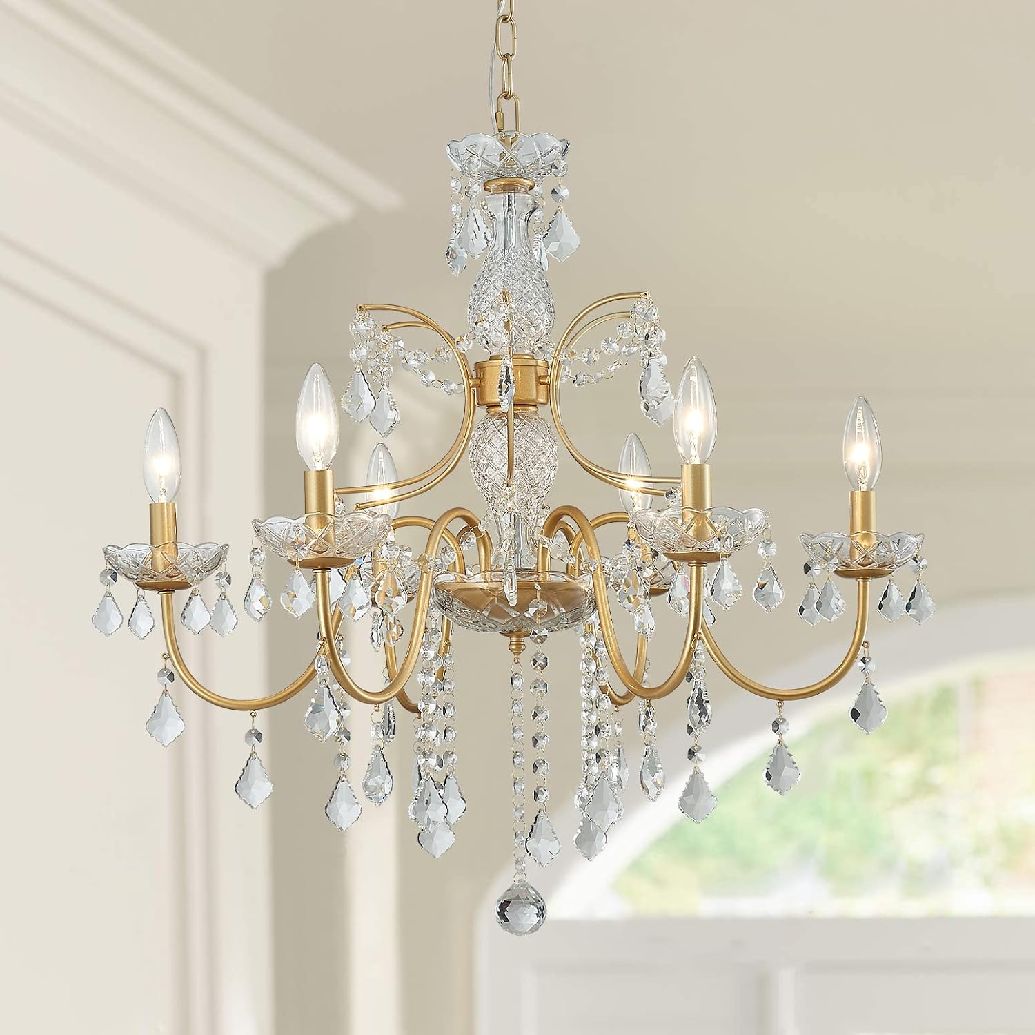 Bestier Gold Finish Elegent Crystal Candle Candelabra Chandelier 6 Light Lighting Fixture LED Pendant Ceiling Light Dia 26 in x H 26 in