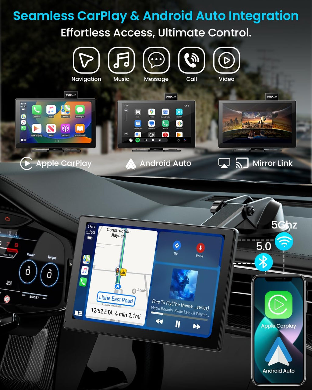 IK9 9' Wireless CarPlay & Android Auto Screen, Portable Car Stereo with 4K Dash Cam & 1080p Rear Camera, CarPlay with Backup Camera, Touch Screen GPS Display, Mirror Link, Apple Car Play Screen