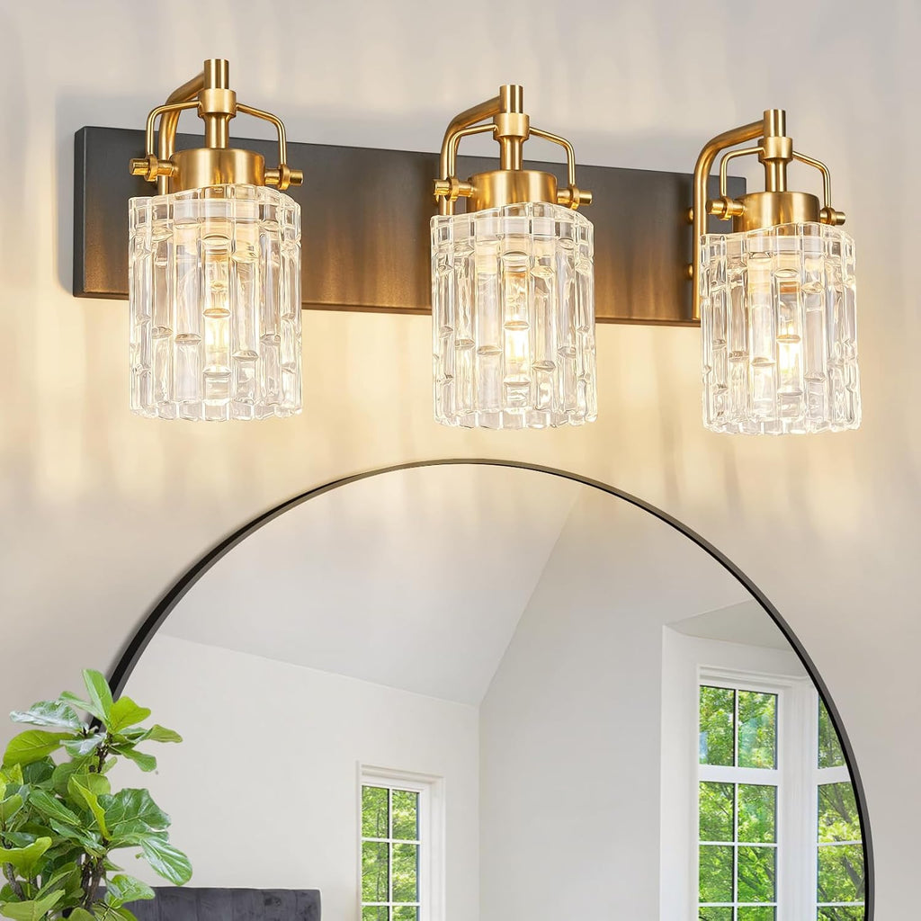 3 Light Crystal Glass Vanity Light, Black Gold Bathroom Lighting Fixtures Over Mirror Modern Bath Wall Sconce Lighting for Bedroom Living Room