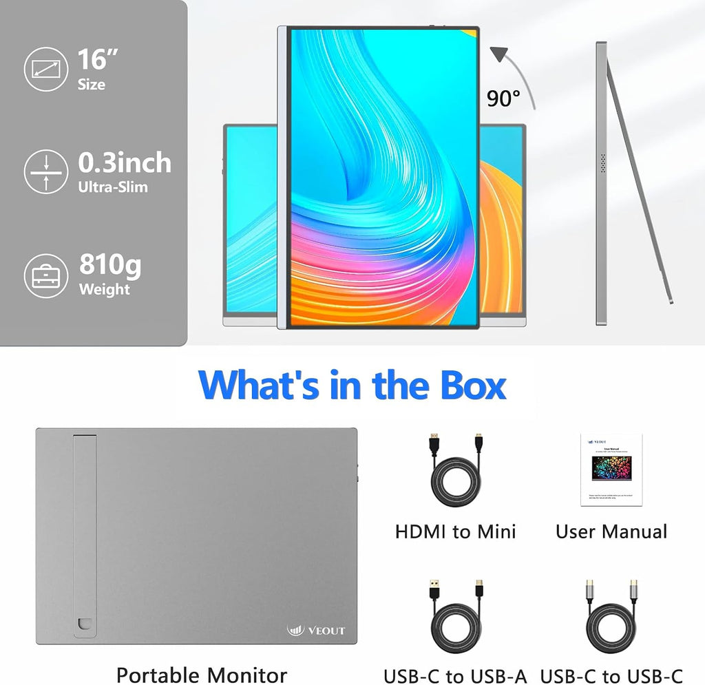 Veout External Second Screen for MacBook Pro (Silver), 1920x1200 IPS 16 inch Travel Monitor with Aluminum Metal Stand, Dual Type-C/Mini HDMI 16:10 Portable Display for iMac/Laptop/Mini PC