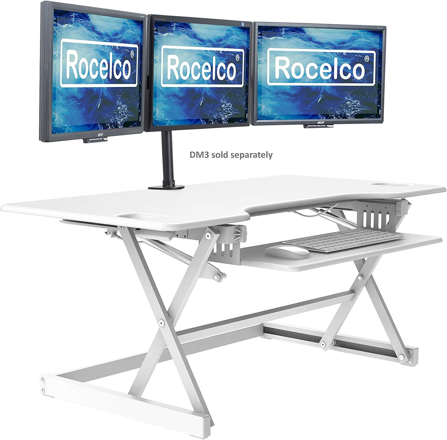 Rocelco 46' Large Height Adjustable Standing Desk Converter - Quick Sit Stand Up Triple Monitor Riser - Gas Spring Assist Computer Workstation - Retractable Keyboard Tray - White (R DADRW-46)