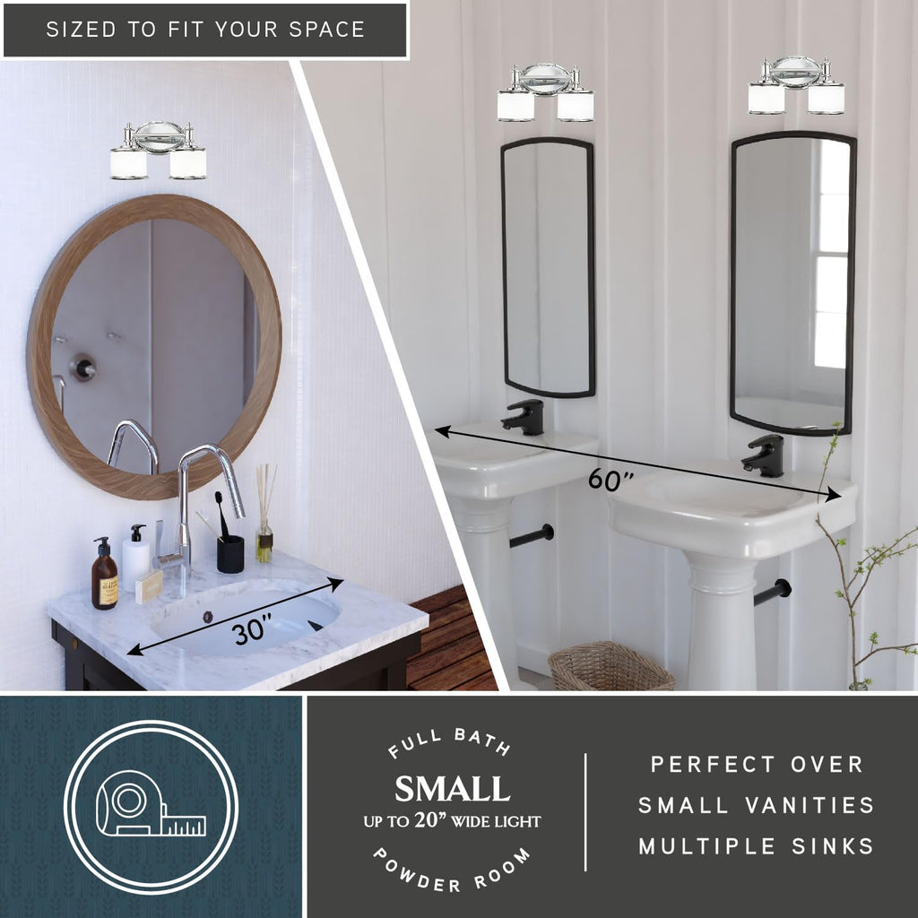 VAXCEL Carlisle 2-Light 13.75 inch Wide Chrome Transitional Bathroom Vanity Lighting Fixture, White Frosted Opal Glass Shade, Dimmable, LED Compatible, Reversible Over The Mirror Mounted Wall Sconce