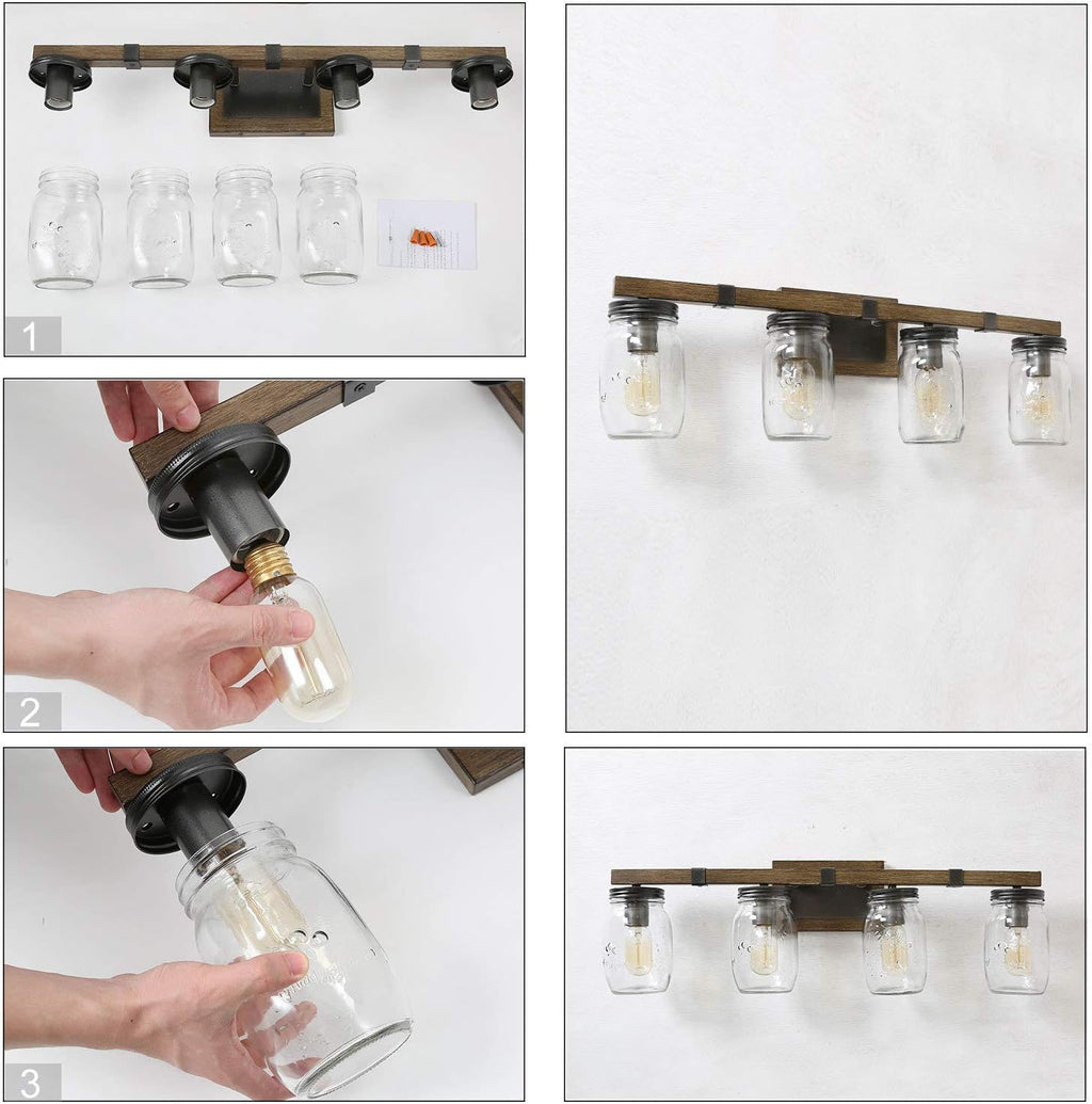 LNC Rustic Bathroom Light Fixtures Farmhouse Vanity Lighting with Mason Jar Glass, Wooden Finished, 29 inches, Brown, 4-Light , White