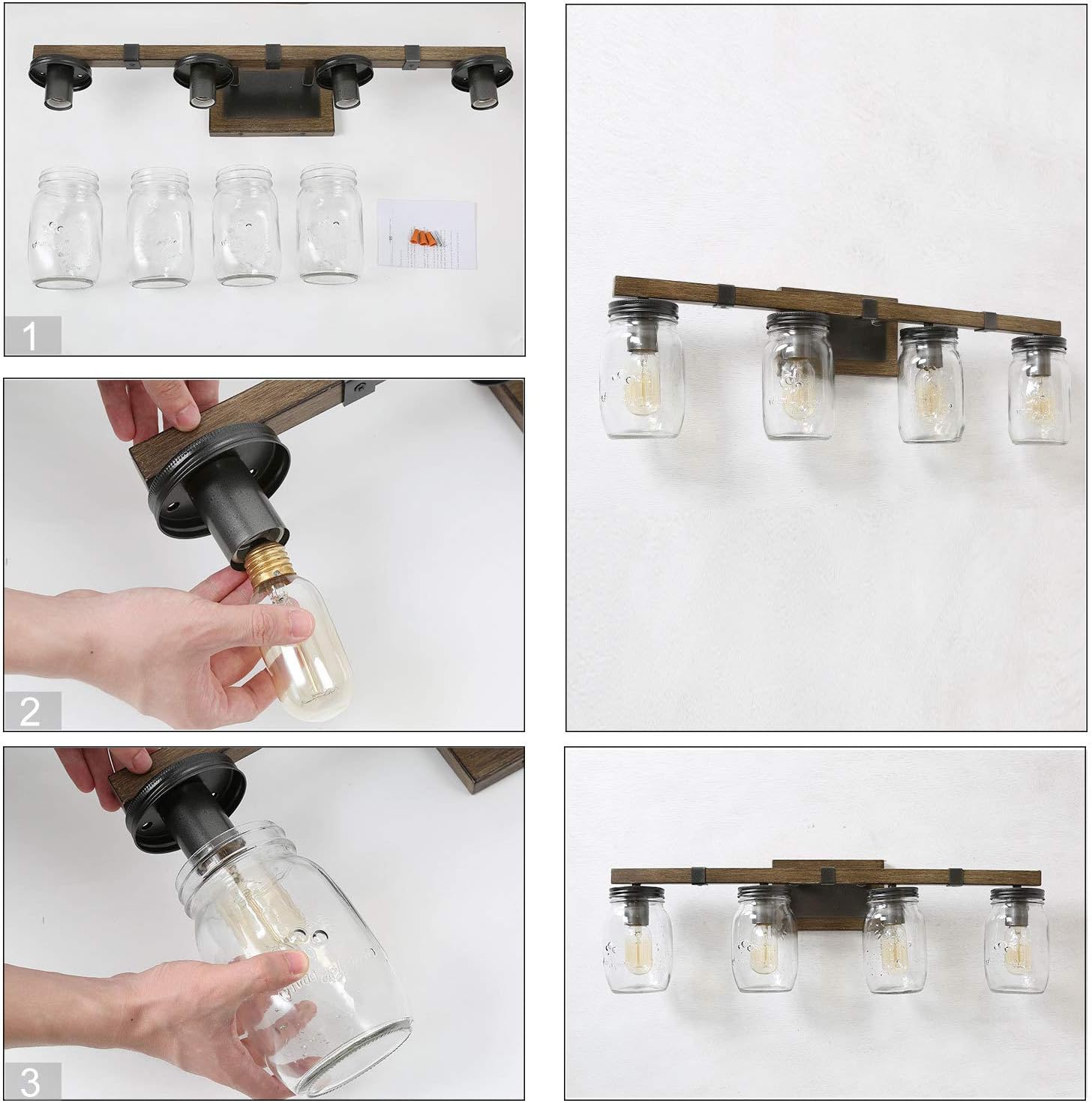 LNC Rustic Bathroom Light Fixtures Farmhouse Vanity Lighting with Mason Jar Glass, Wooden Finished, 29 inches, Brown, 4-Light , White