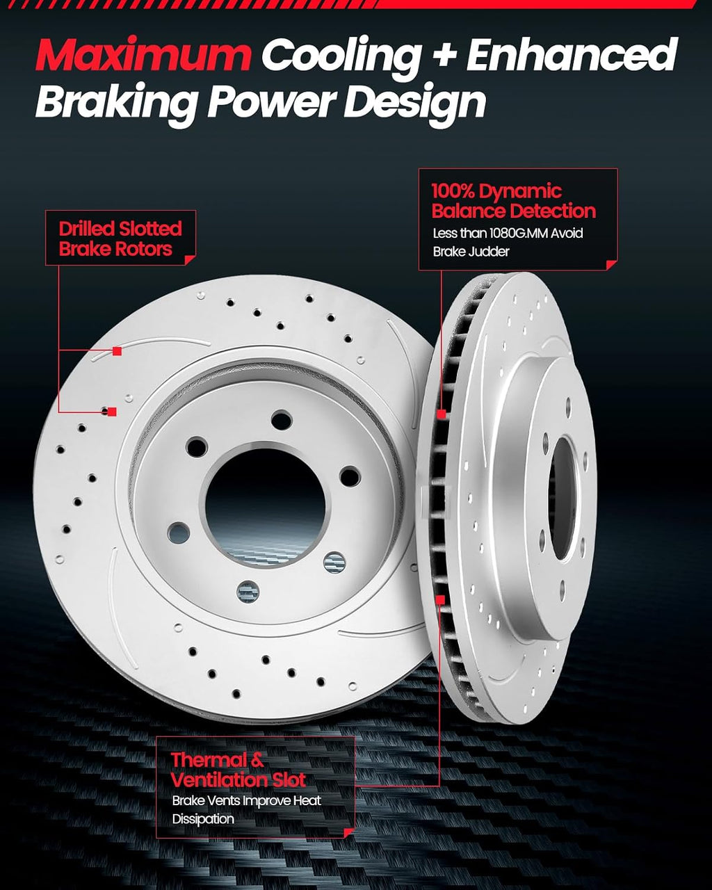 Front Automotive Replacement Brake Kit, Drilled Slotted Brake Rotors Kit Compatible with 2005-2018 Chevy Silverado 1500, 2007-2019 Chevy Tahoe|Anti-Rust Geomet Coated|329.9mm(13in)