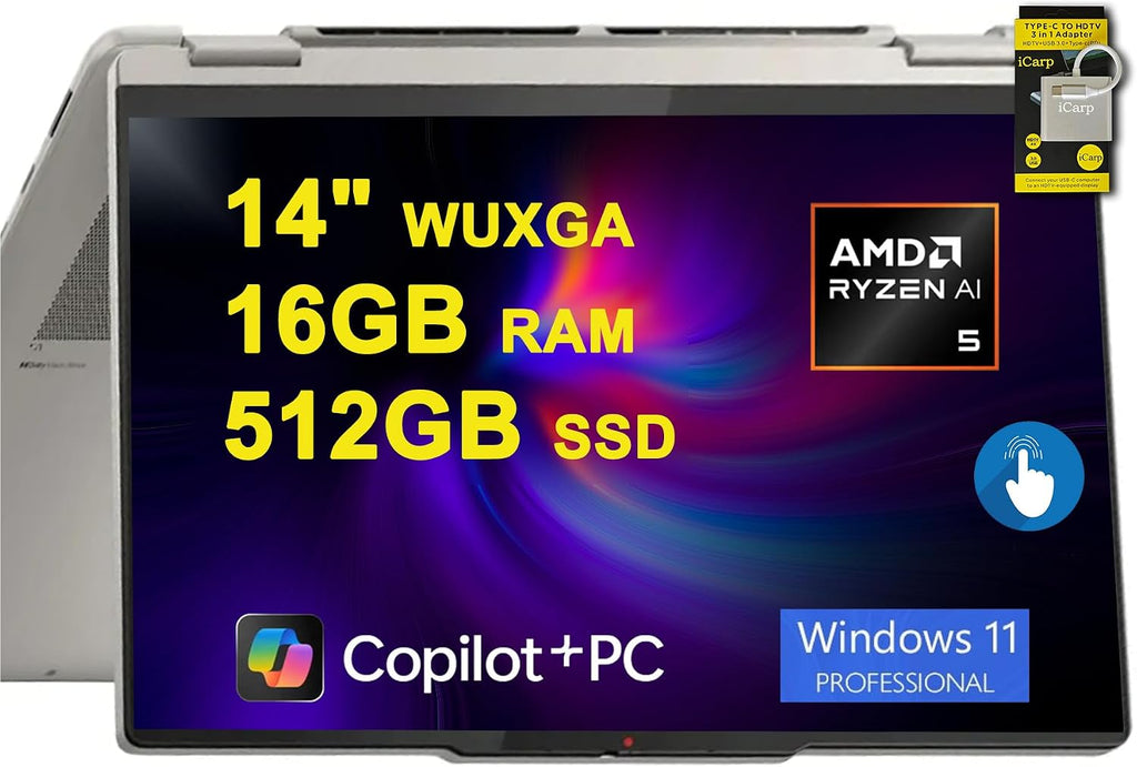 Lenovo Yoga 7 2-in-1 Laptop 14' WUXGA OLED Touch (100% DCI-P3, 600nits HDR) AMD 6-core Ryzen AI 5 340 (Up to 50 Tops) 16GB DDR5 512GB SSD for Designer Business Professional Win11Pro ICP Hub