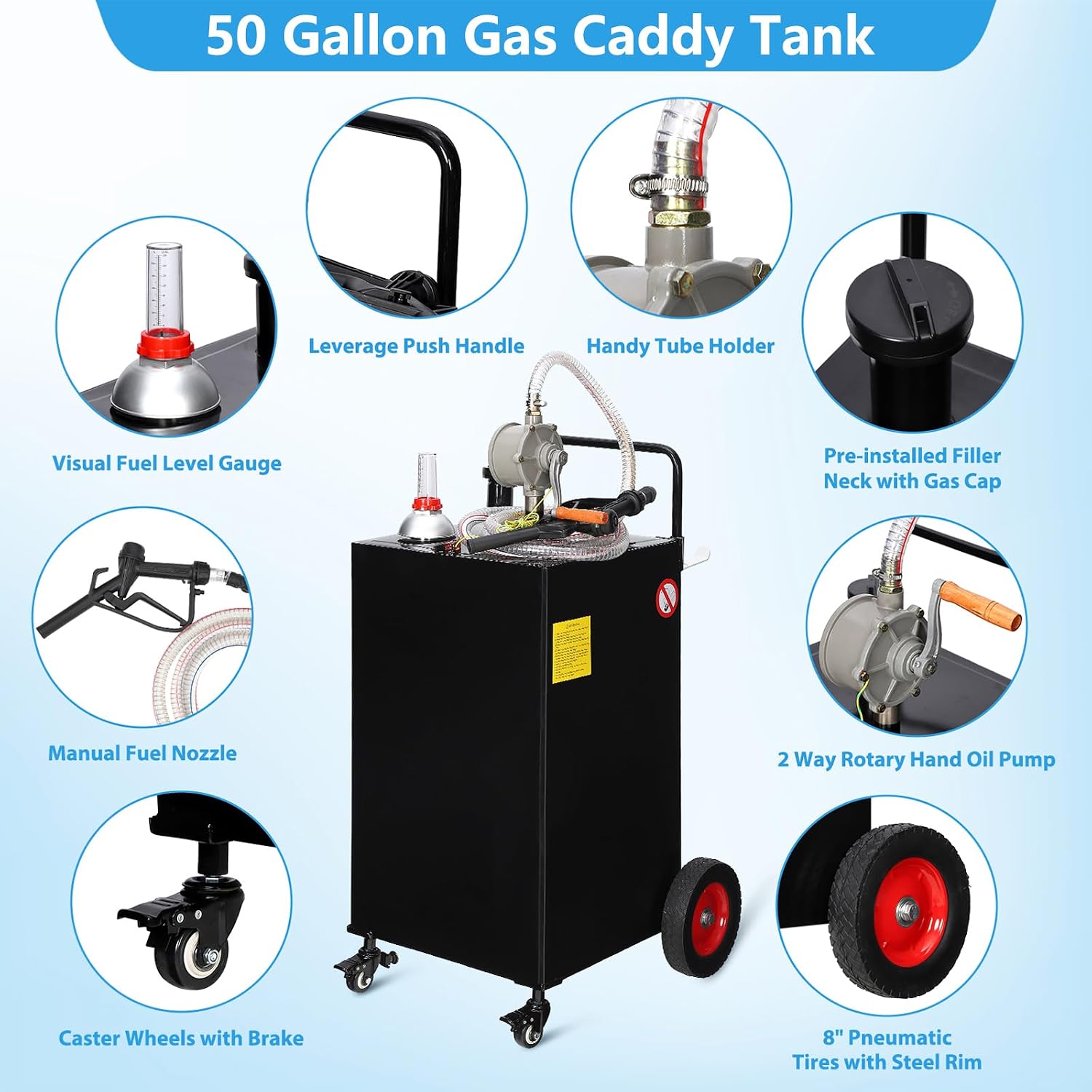 Garvee 50 gal Fuel Caddy with Manual Pump – Heavy Duty Gasoline & Diesel Transfer Tank On 4 Wheels, Spill-Proof Portable Fuel Container for Boat, Truck, Lawn Mower, ATV, Garage & Farm – Black