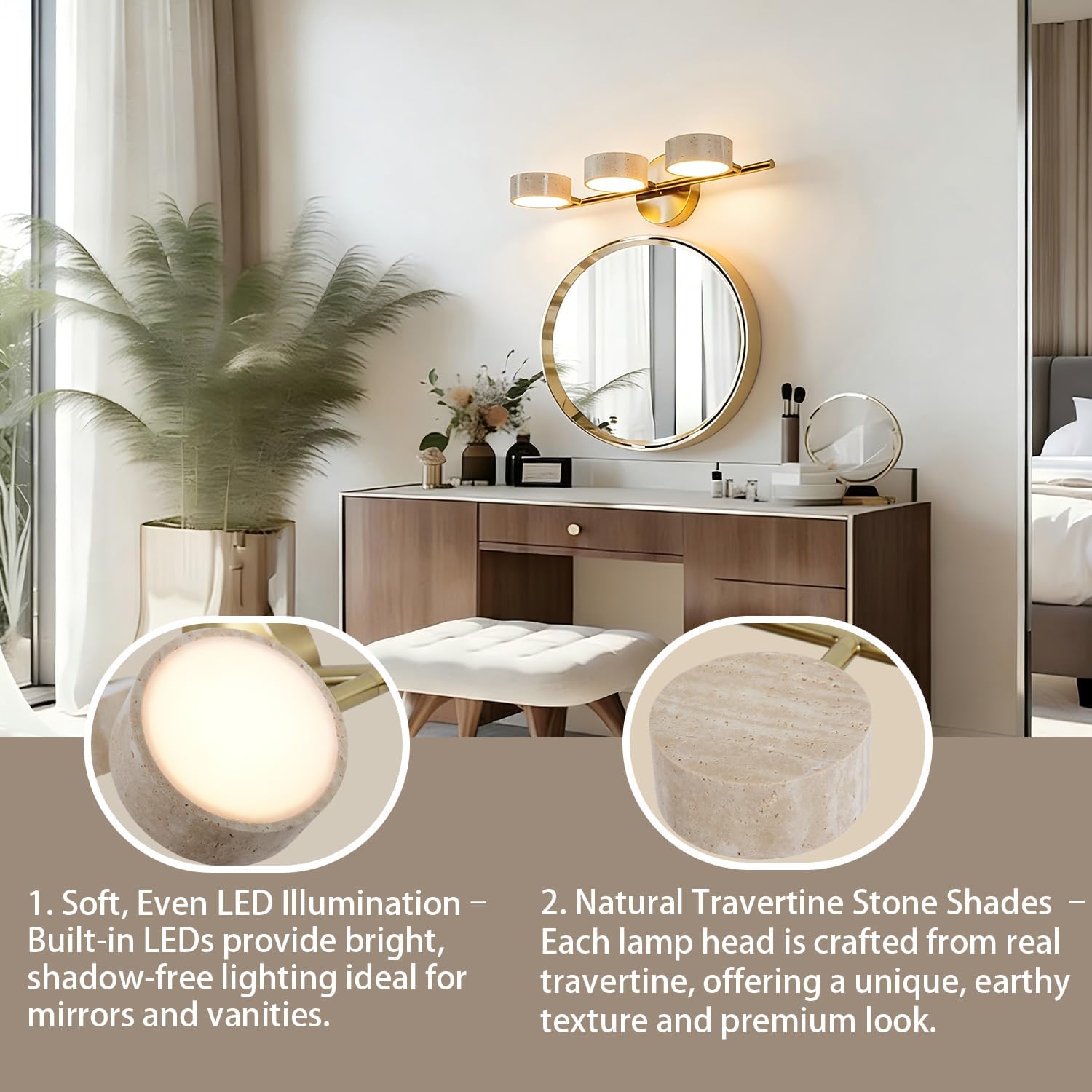 LED Mirror Light with 3 Travertine Stone Shades, Bathroom Vanity Wall Sconce, 360° Rotatable Stone Lampshades, Modern Rustic Wall Lamp for Bedroom, Living Room, Hallway (Gold-Metal)