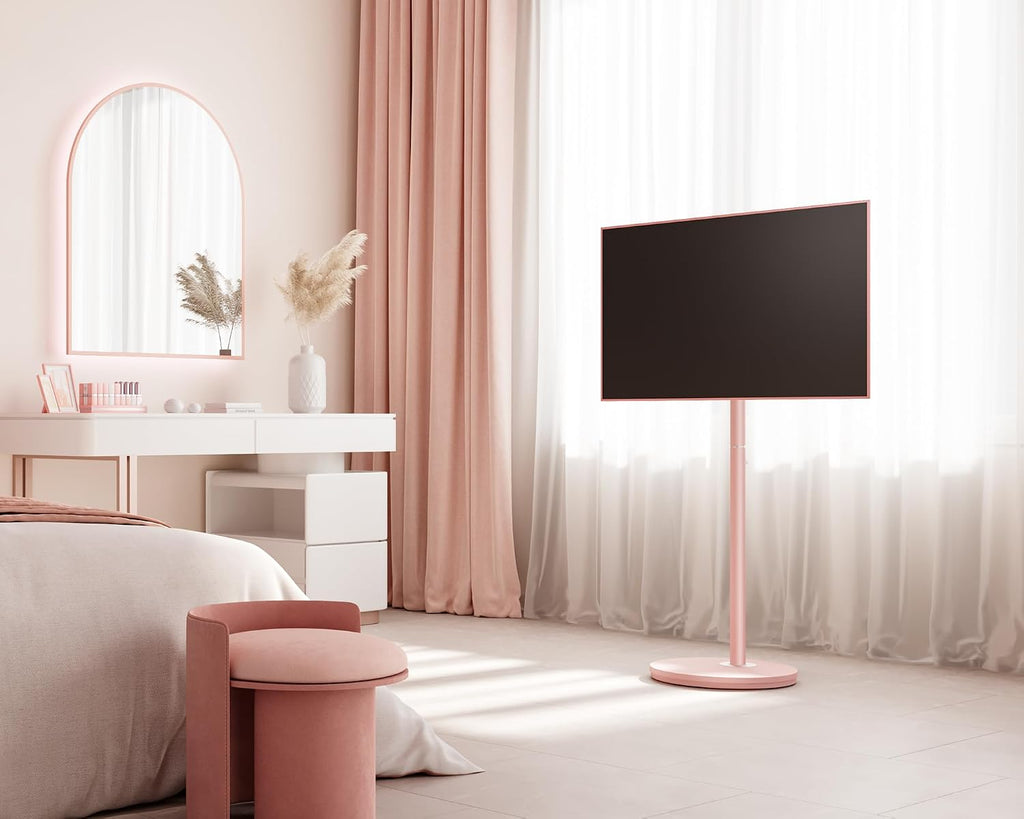 FITUEYES Design Small Rolling TV Cart for 24-48 Inches Television, Minimalist Modern TV Floor Stand on Wheels Fits Max VESA 200x200mm, V2 Portable Smart Television Stands, Pink, Master Series