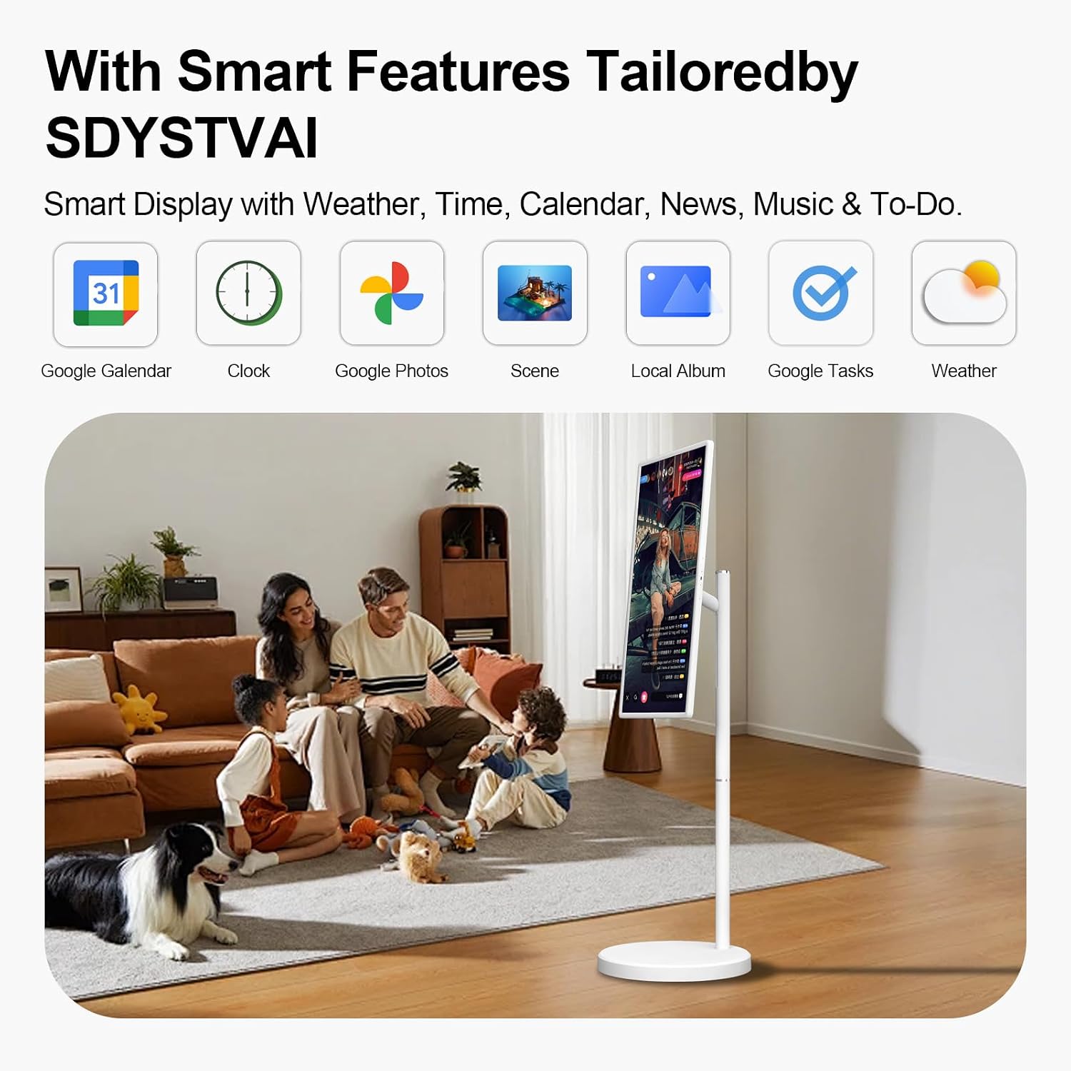 32' FHD Smart Portable TV, Rolling TV on Wheels, Android 15 OS, 6G +128GB Storage, Portable Touch Screen Monitor, 8MP Camera, Built-in Battery, Full Swivel Rotation, Voice Remote