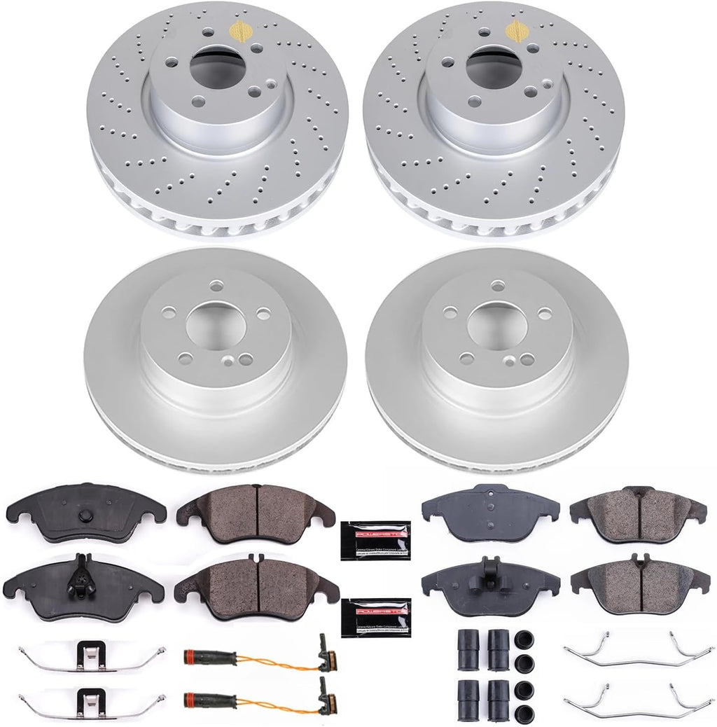 PowerStop Front and Rear Brake Kit for Mercedes-Benz C300 2014 |C350 2008-13 |E350 2010-14 |E400 2015-17 - Fully-Coated Disc Rotors with Z23 Carbon-Fiber Ceramic Brake Pads Upgrade, CRK7760