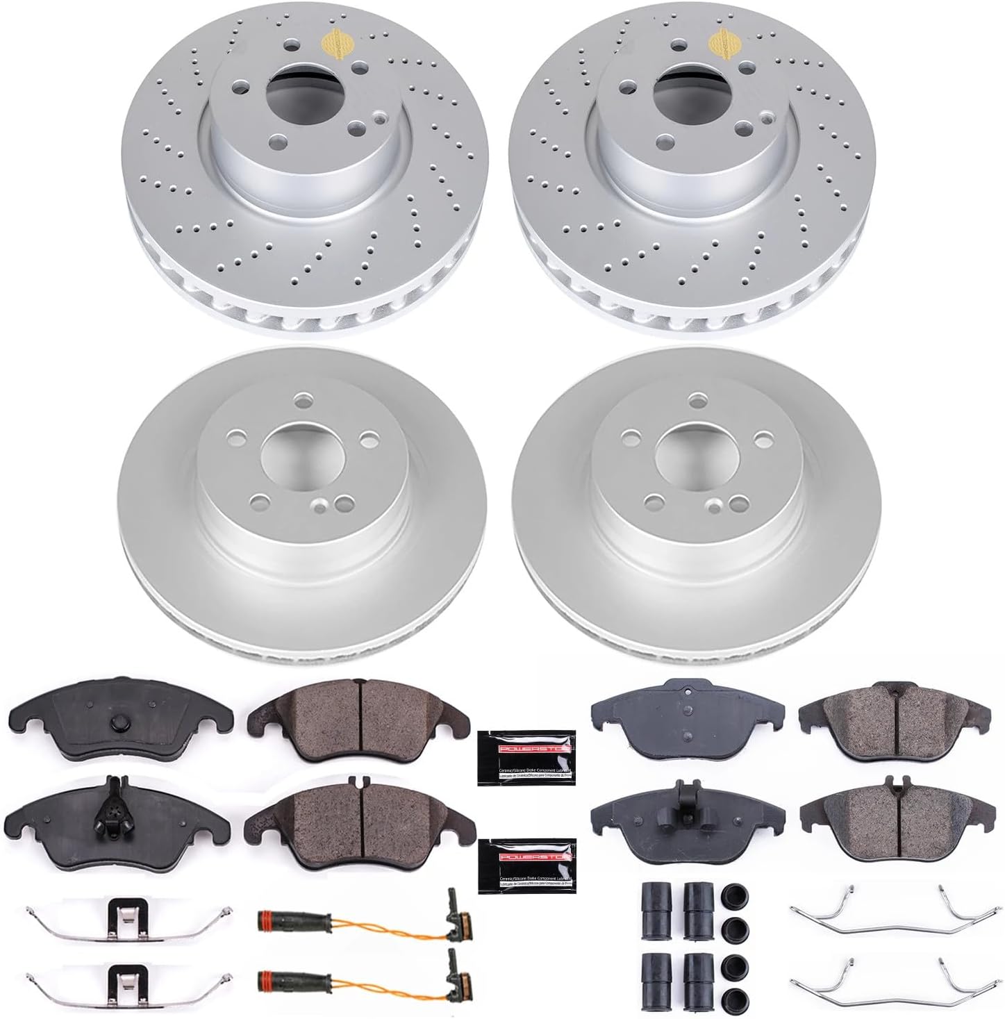 PowerStop Front and Rear Brake Kit for Mercedes-Benz C300 2014 |C350 2008-13 |E350 2010-14 |E400 2015-17 - Fully-Coated Disc Rotors with Z23 Carbon-Fiber Ceramic Brake Pads Upgrade, CRK7760