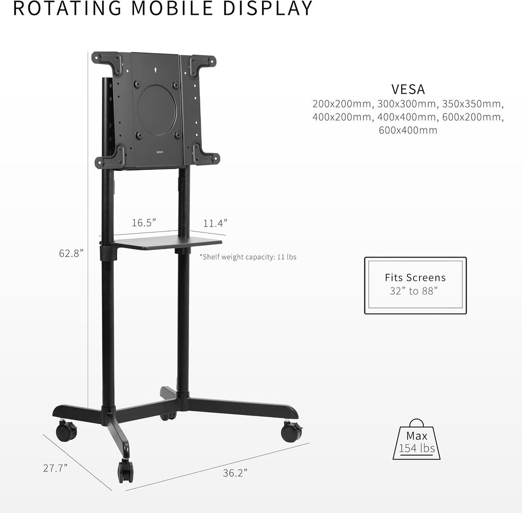 VIVO Mobile Premium TV Cart for 32 to 88 inch Screens up to 154 lbs, Samsung Digital Flipchart, Microsoft Surface Hub 2S, Portrait to Landscape, Shelf, Wheels, Max VESA 600x400, Black, STAND-TV02PB