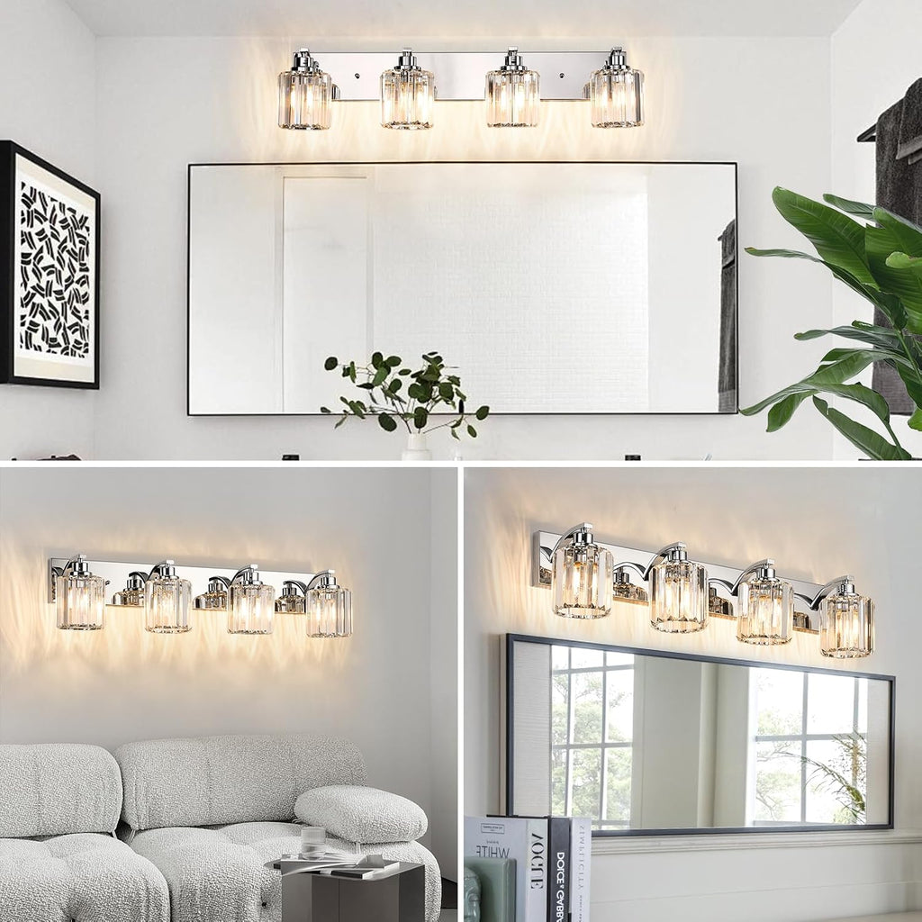 4 Lights Crystal Bathroom Vanity Light Modern Chrome Bathroom Light Fixture Bathroom Lighting Fixtures Over Mirror for Mirror E26 Base