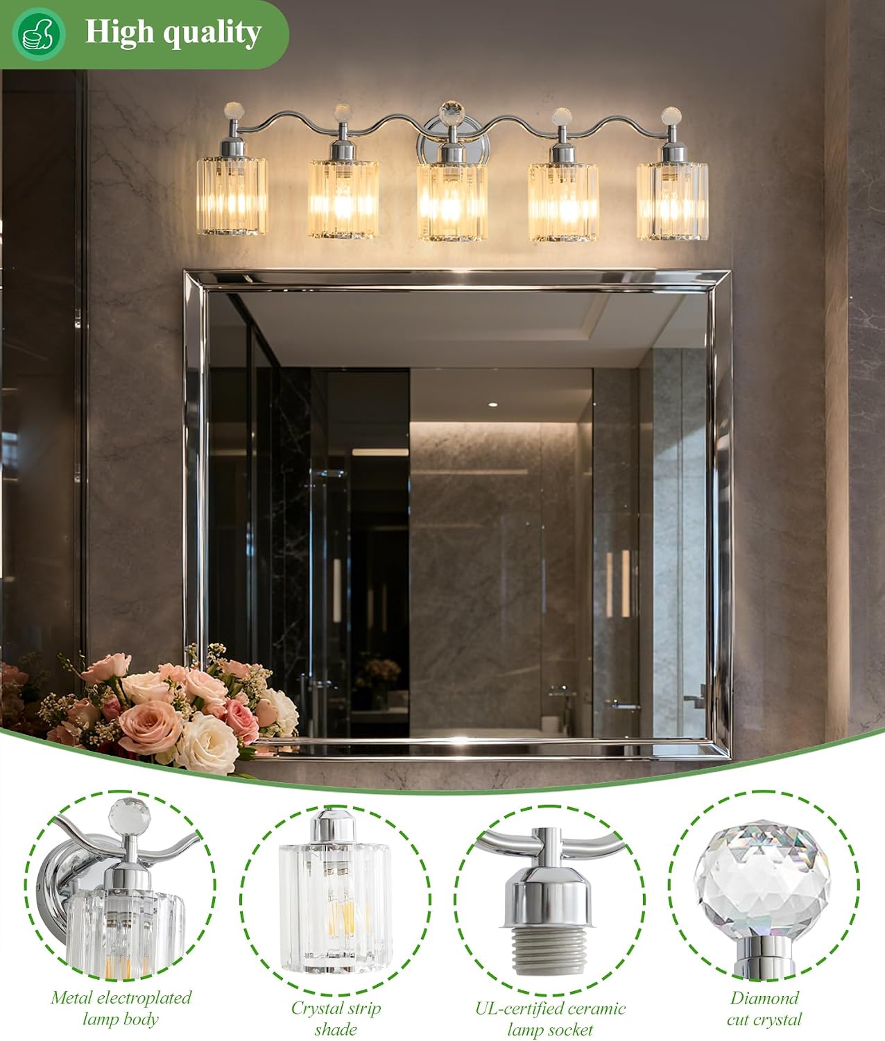 Bathroom Vanity Light, Modern Crystal Bathroom Ligth Fixture, Chrome 5 Light Vanity Lights, Light Fixtures Above Mirror, Wall Lamp for Mirror Living Room Cabinet Bedroom Porch