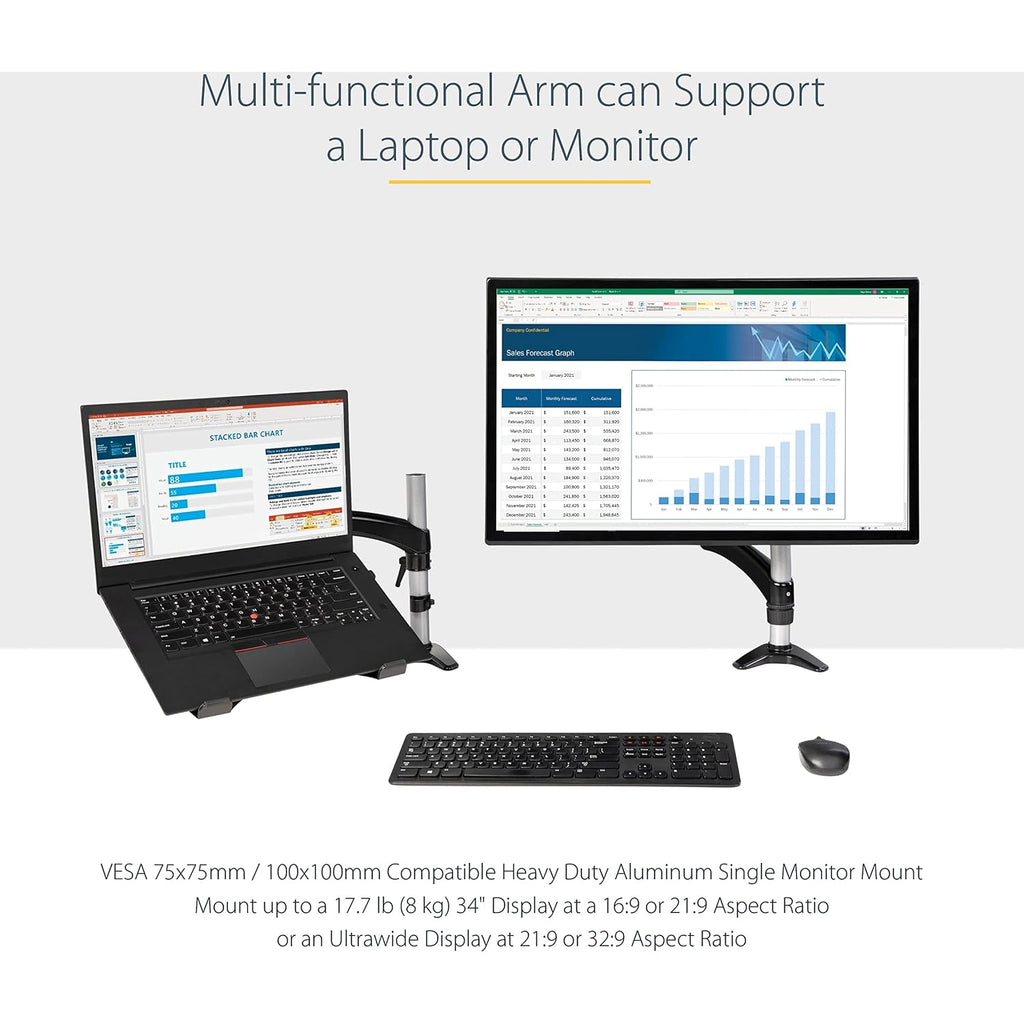 StarTech.com Desk Mount Laptop Arm, Articulating Arm for Laptop or Single Monitor up to 34' (17.6lb/8kg), VESA Tray Bracket, Ergonomic Adjustable Stand, Desk & Grommet Clamp