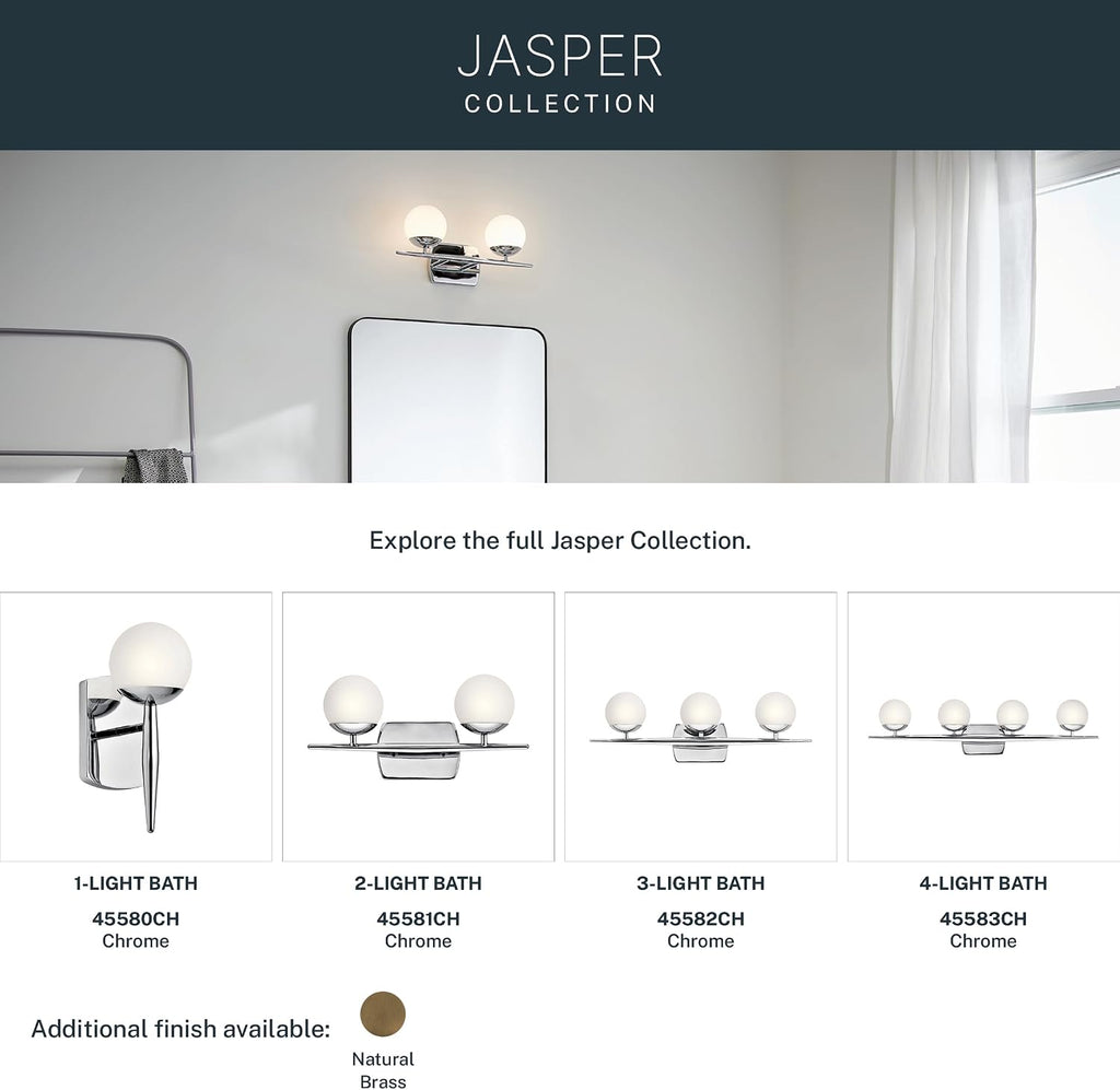 Kichler Jasper 24.5' Halogen Vanity Light in Chrome, 3-Light Mid Century Bathroom Vanity with Satin Etched Cased Opal Glass, (24.5' W x 7.75' H), 45582CH